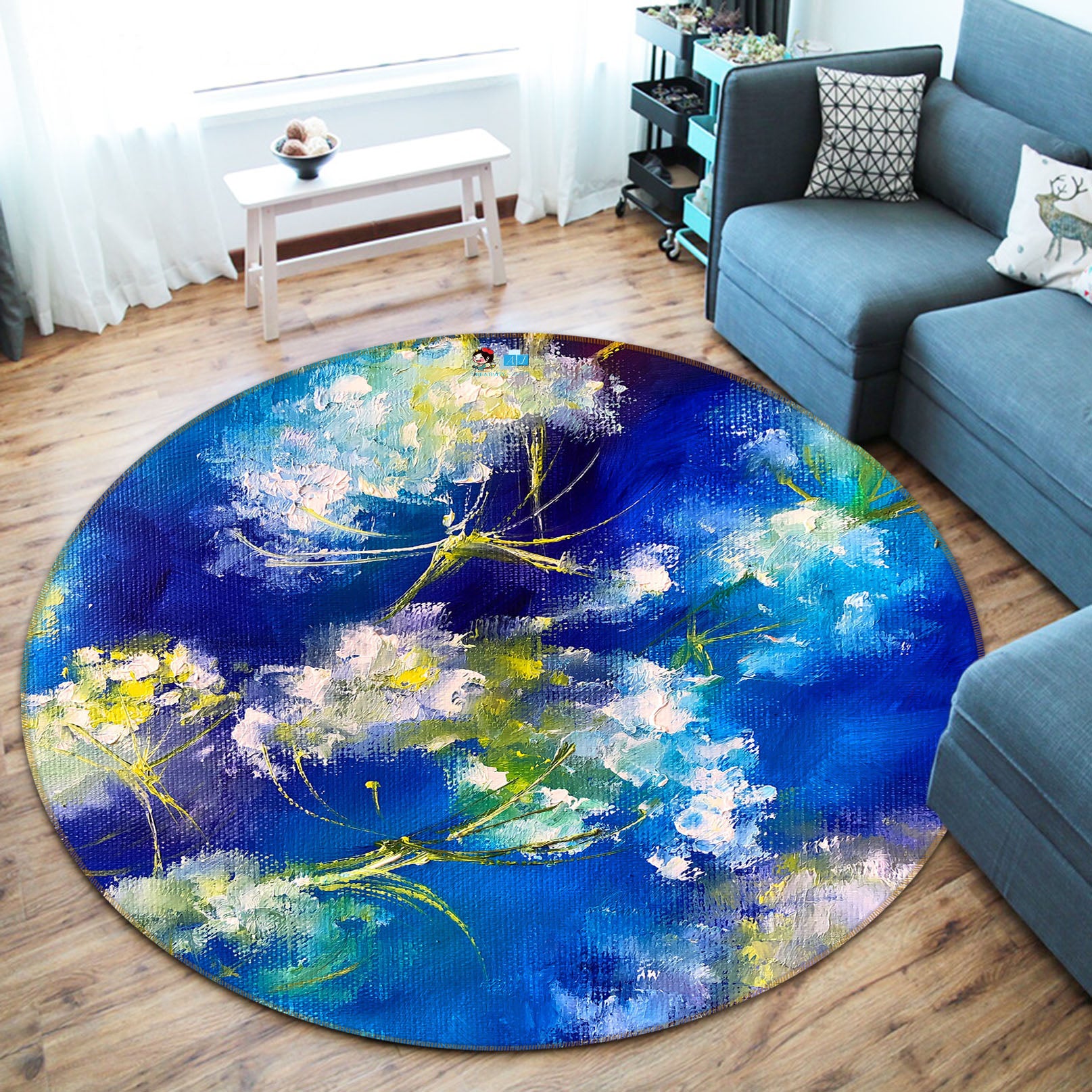3D Blue Painted Flower 921 Skromova Marina Rug Round Non Slip Rug Mat