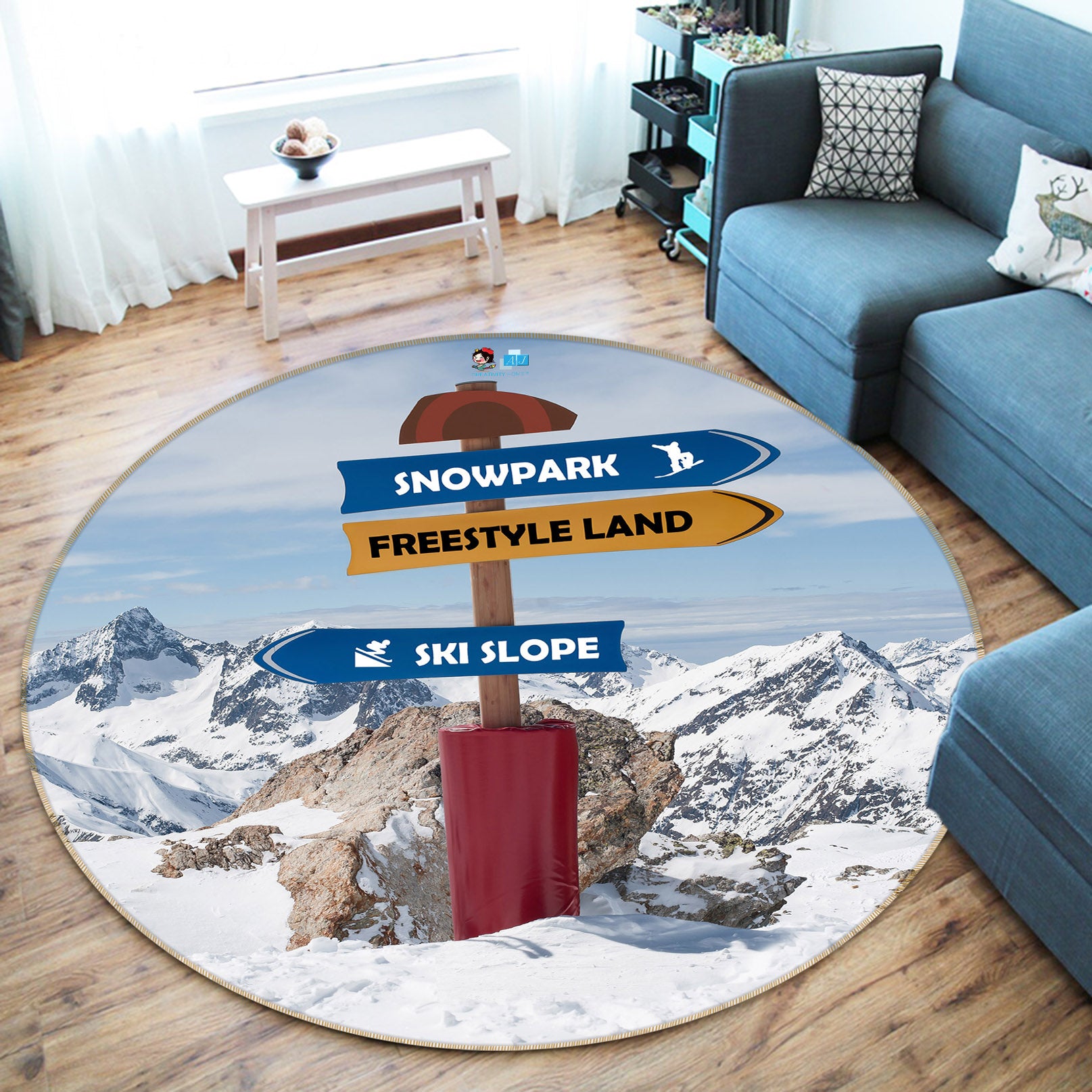 3D Road Sign Snow Mountain 74156 Round Non Slip Rug Mat
