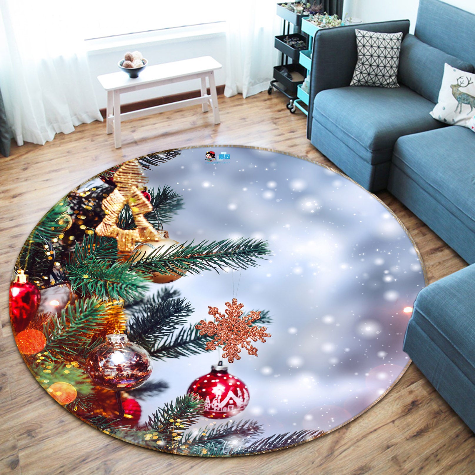 3D Tree Pendant 54156 Christmas Round Non Slip Rug Mat Xmas