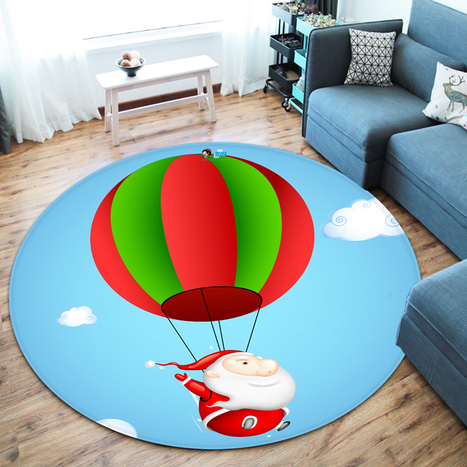 3D Hot Air Balloon Santa 66014 Christmas Round Non Slip Rug Mat Xmas