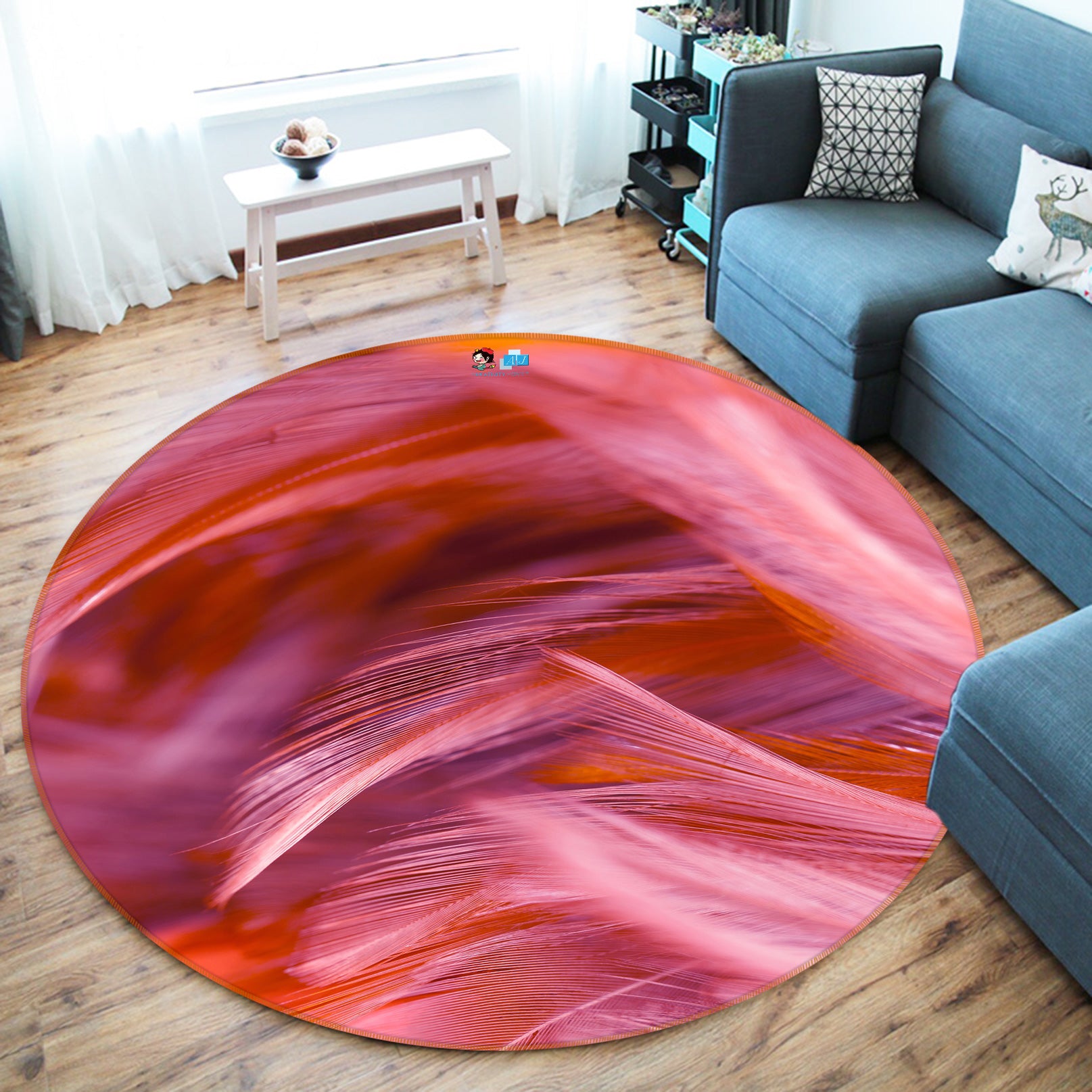 3D Red Feather 81218 Round Non Slip Rug Mat