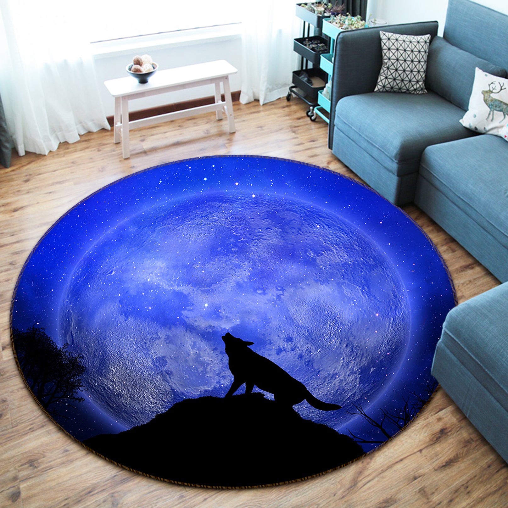 3D Moon Wolf 82183 Animal Round Non Slip Rug Mat