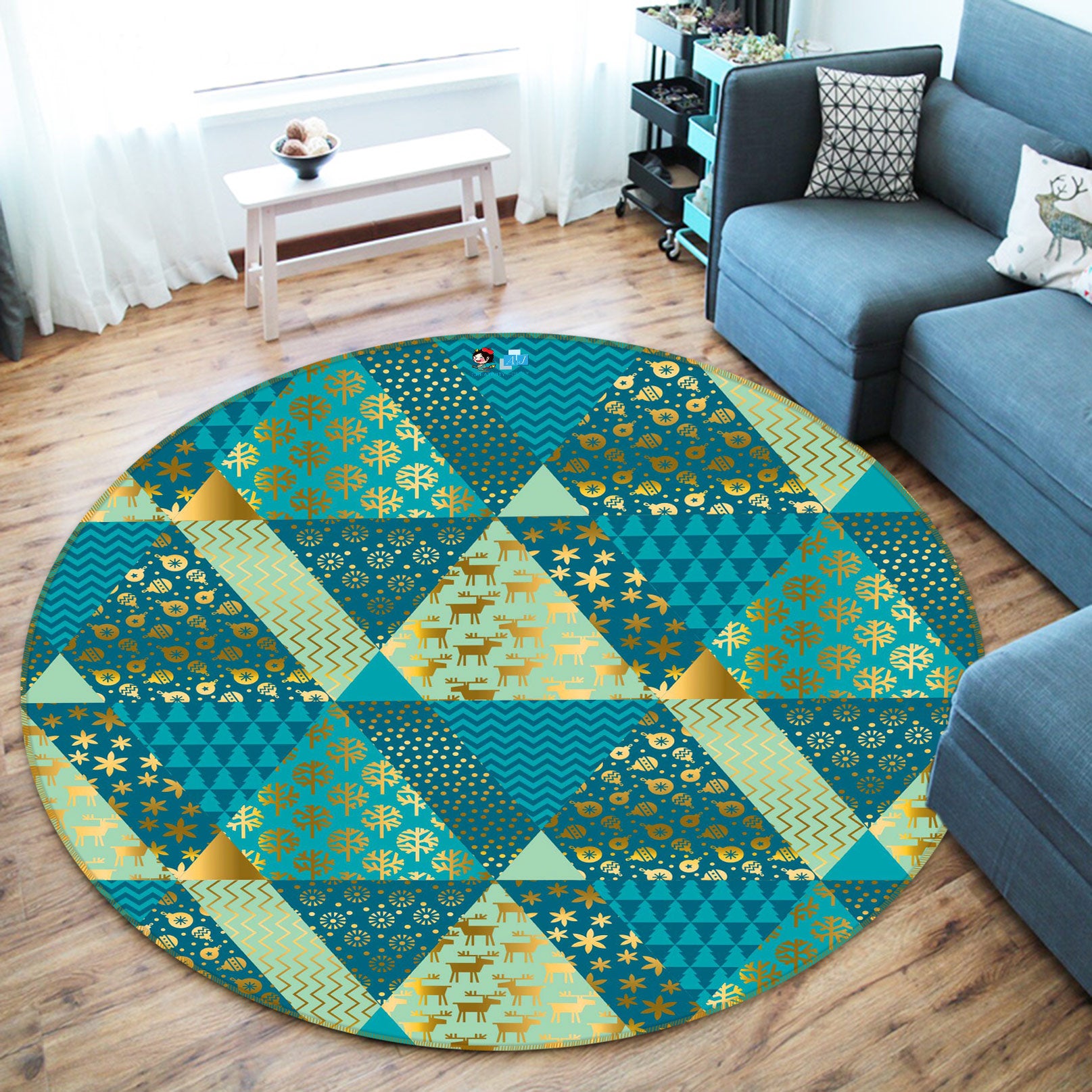 3D Green Triangle Pattern 54063 Christmas Round Non Slip Rug Mat Xmas