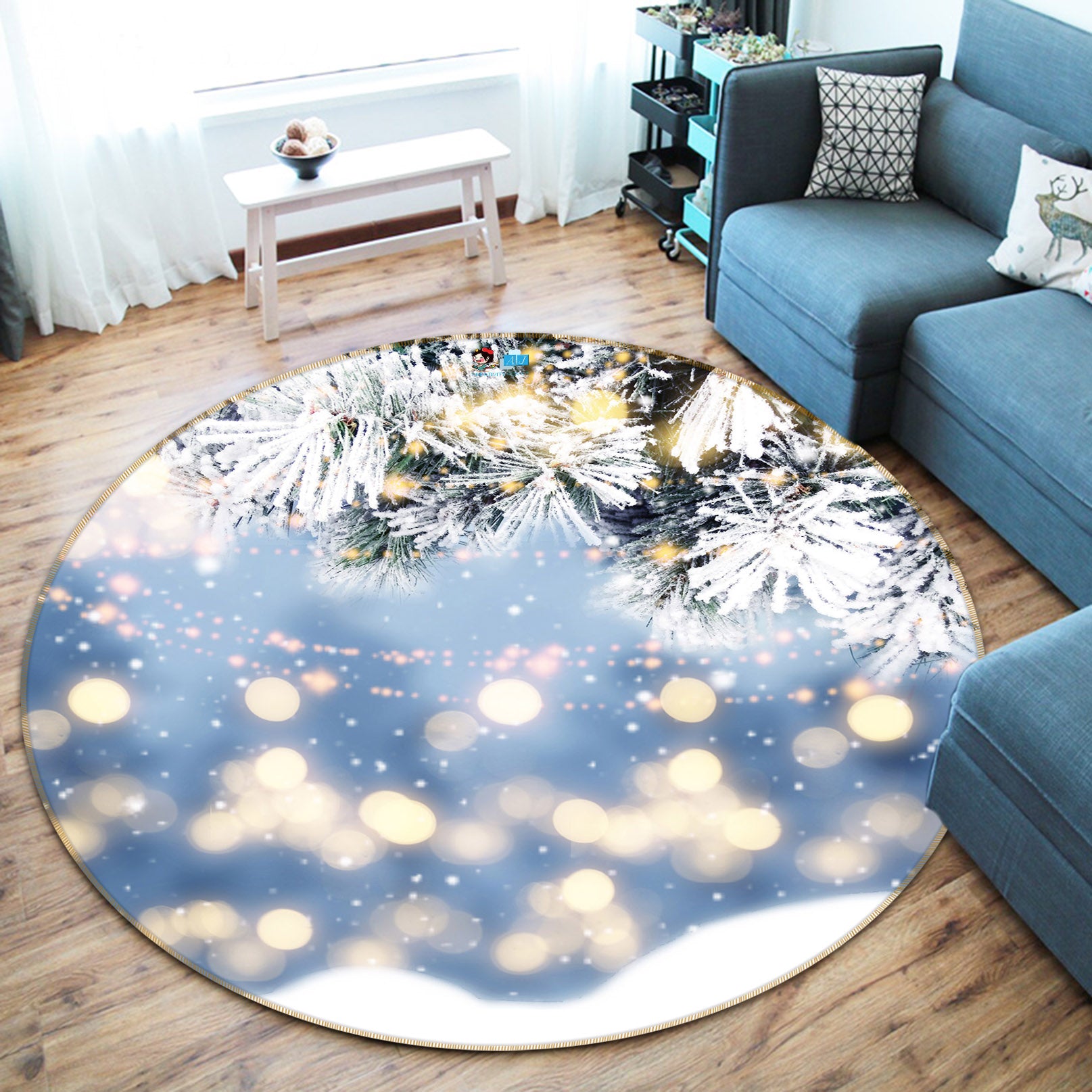 3D Snow Aperture Branches 54202 Christmas Round Non Slip Rug Mat Xmas