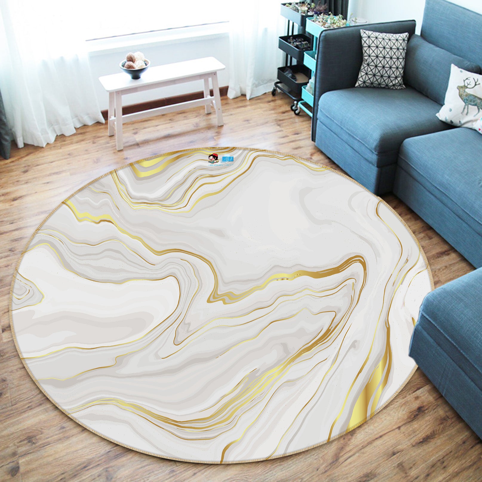 3D Golden Marbling 71160 Round Non Slip Rug Mat
