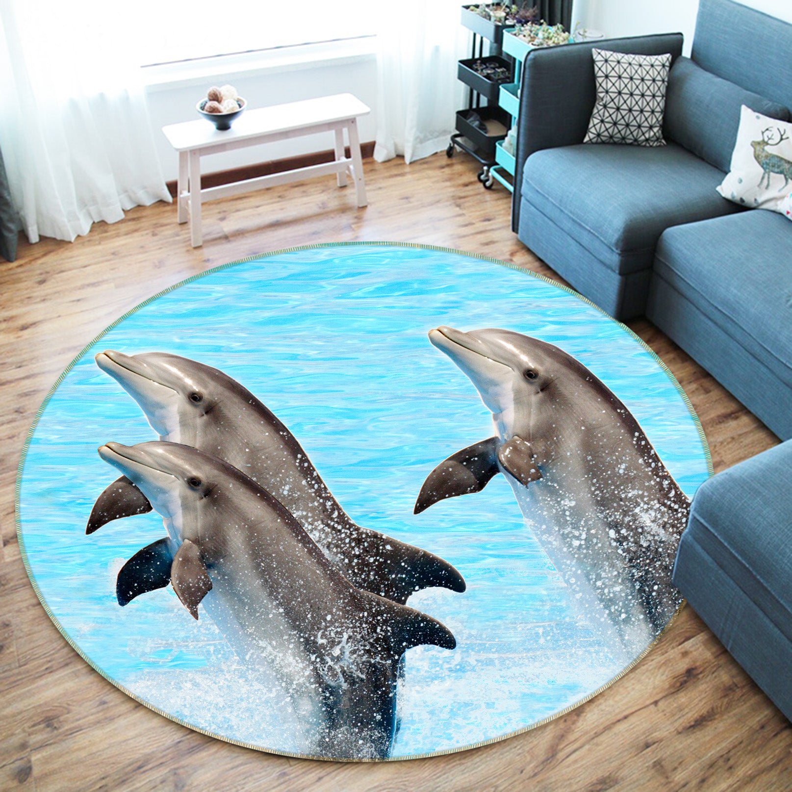 3D Three Dolphins 38020 Animal Round Non Slip Rug Mat