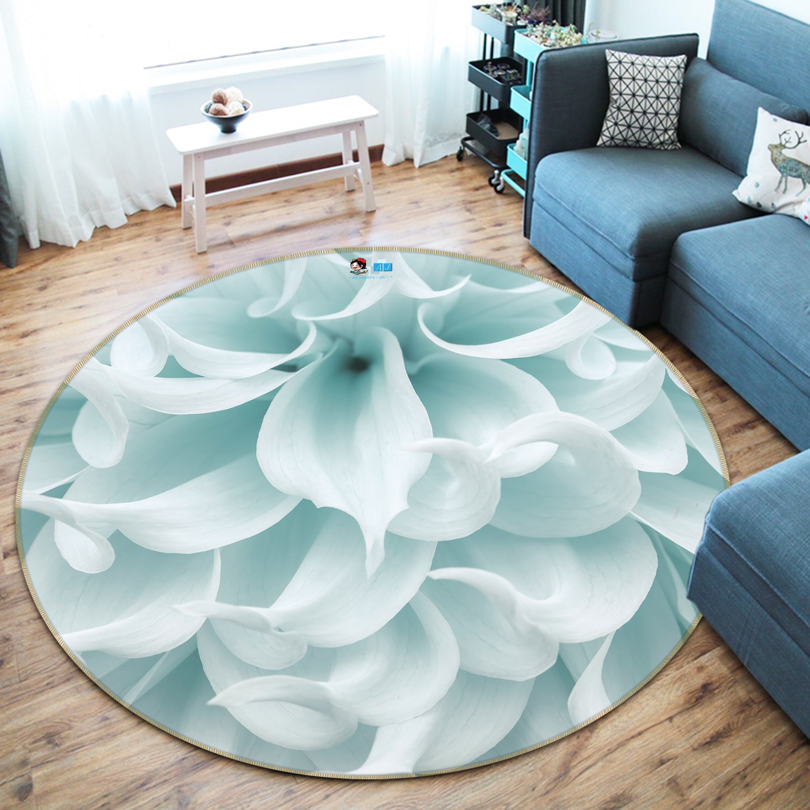 3D Light Blue Flower 7413 Assaf Frank Rug Round Non Slip Rug Mat