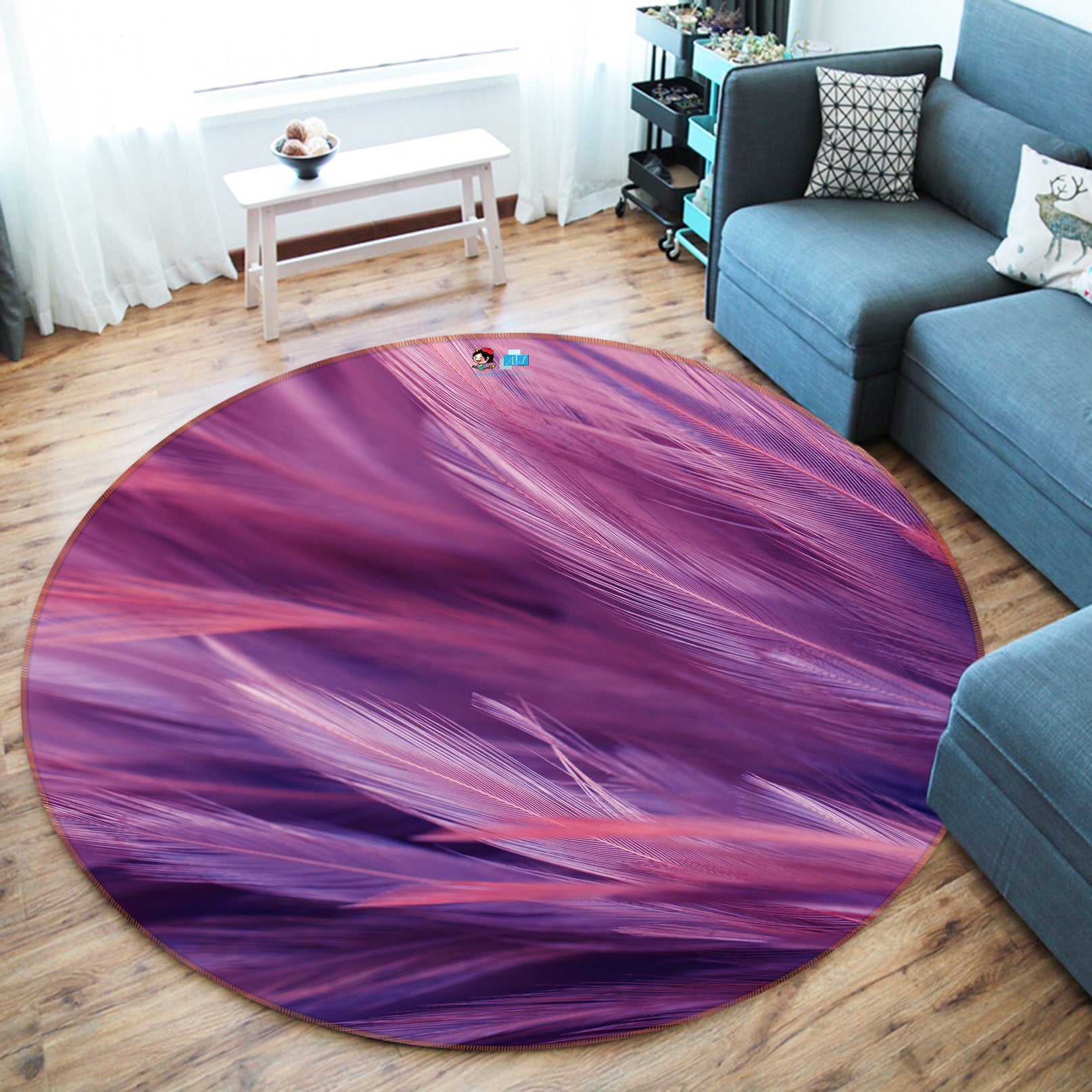 3D Purple Feather 81183 Round Non Slip Rug Mat