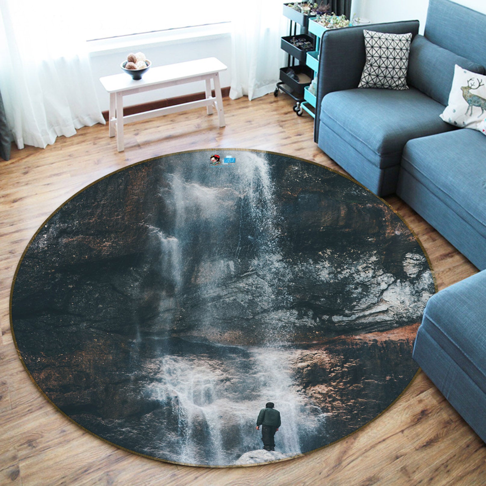 3D Stone Waterfall 69080 Round Non Slip Rug Mat