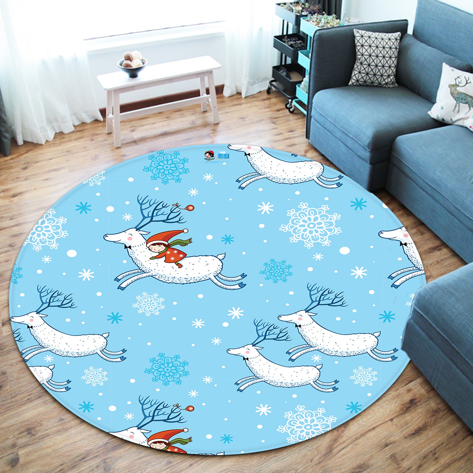 3D White Deer 66033 Christmas Round Non Slip Rug Mat Xmas