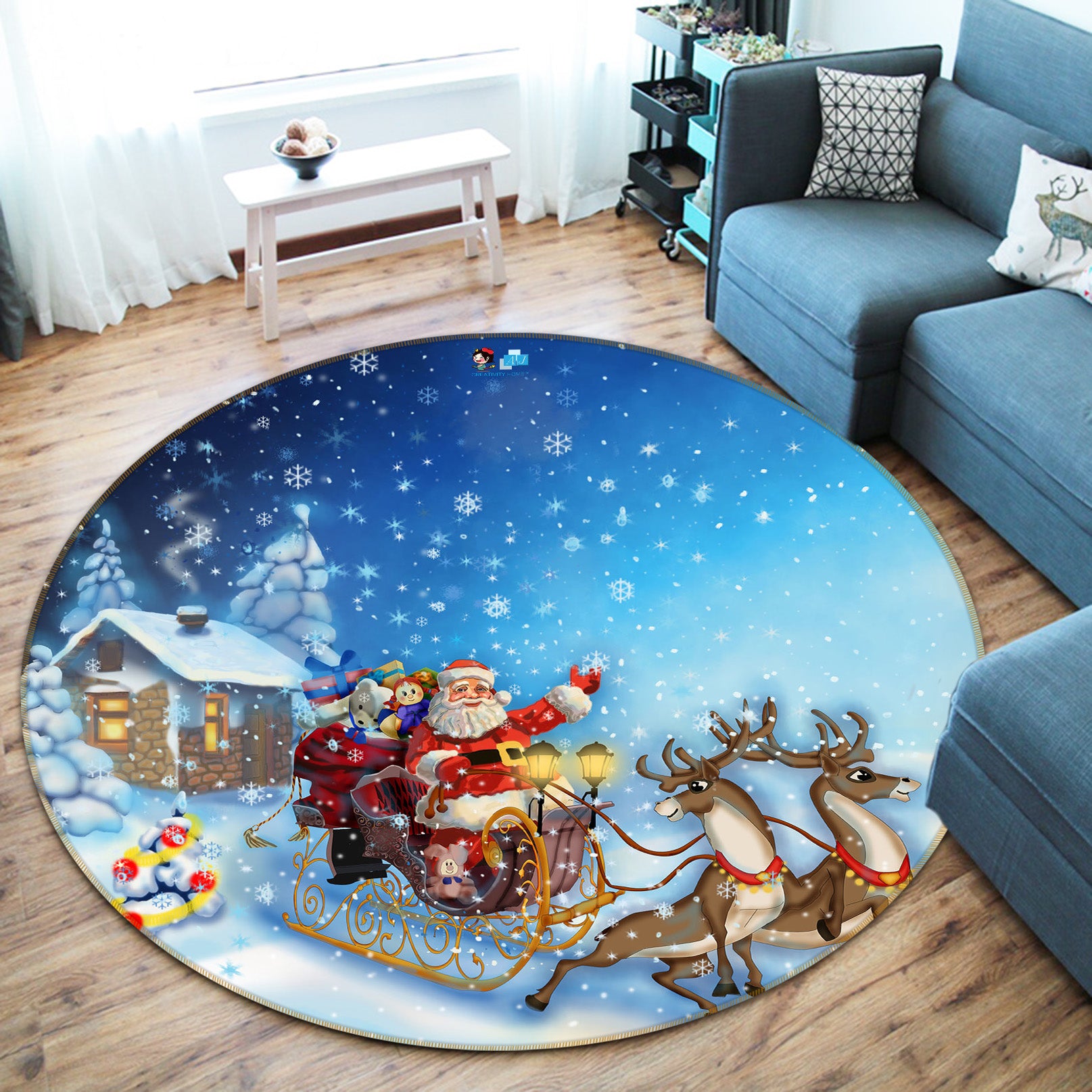 3D Snow House Santa Sleigh 66195 Round Non Slip Rug Mat