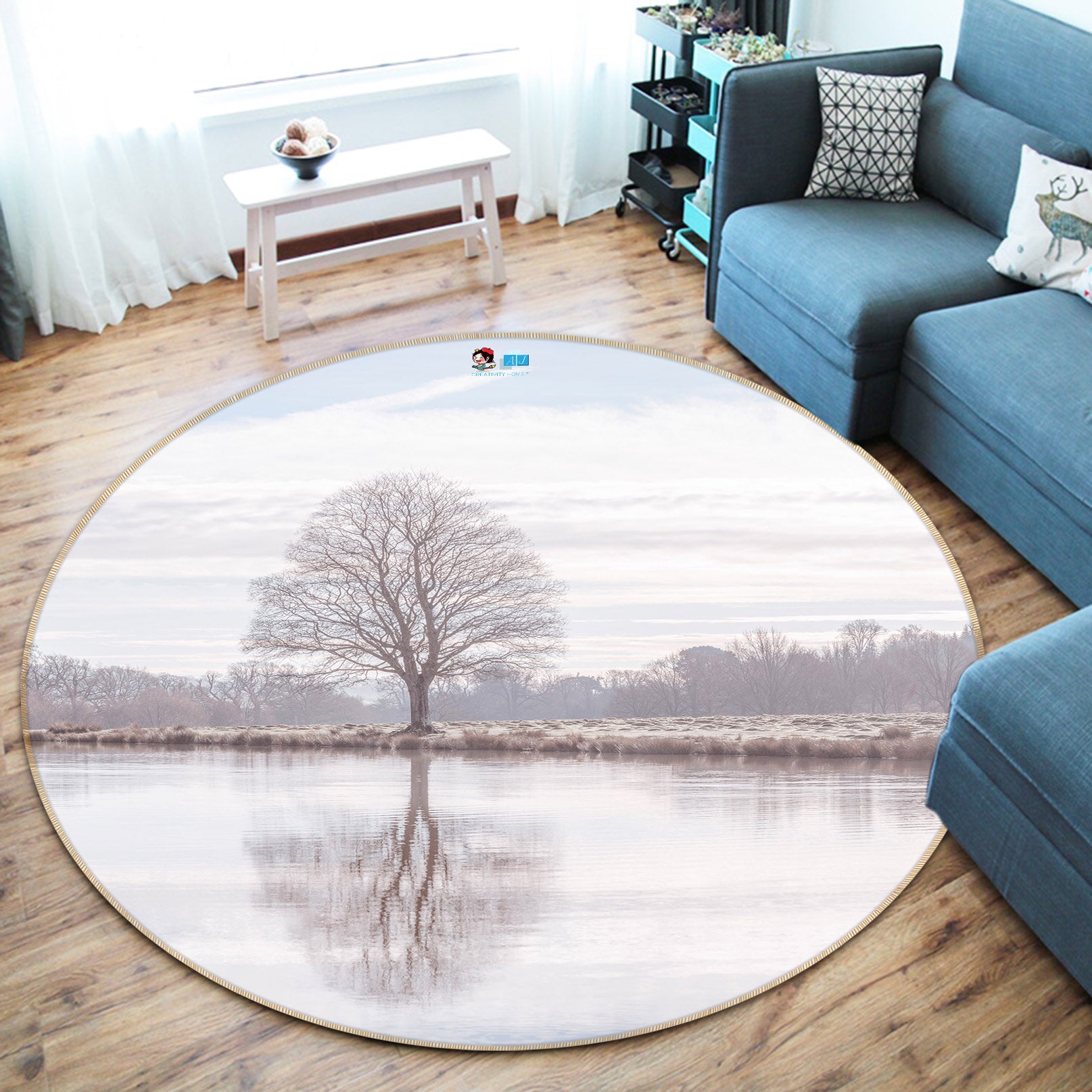 3D Grey Tree 7338 Assaf Frank Rug Round Non Slip Rug Mat