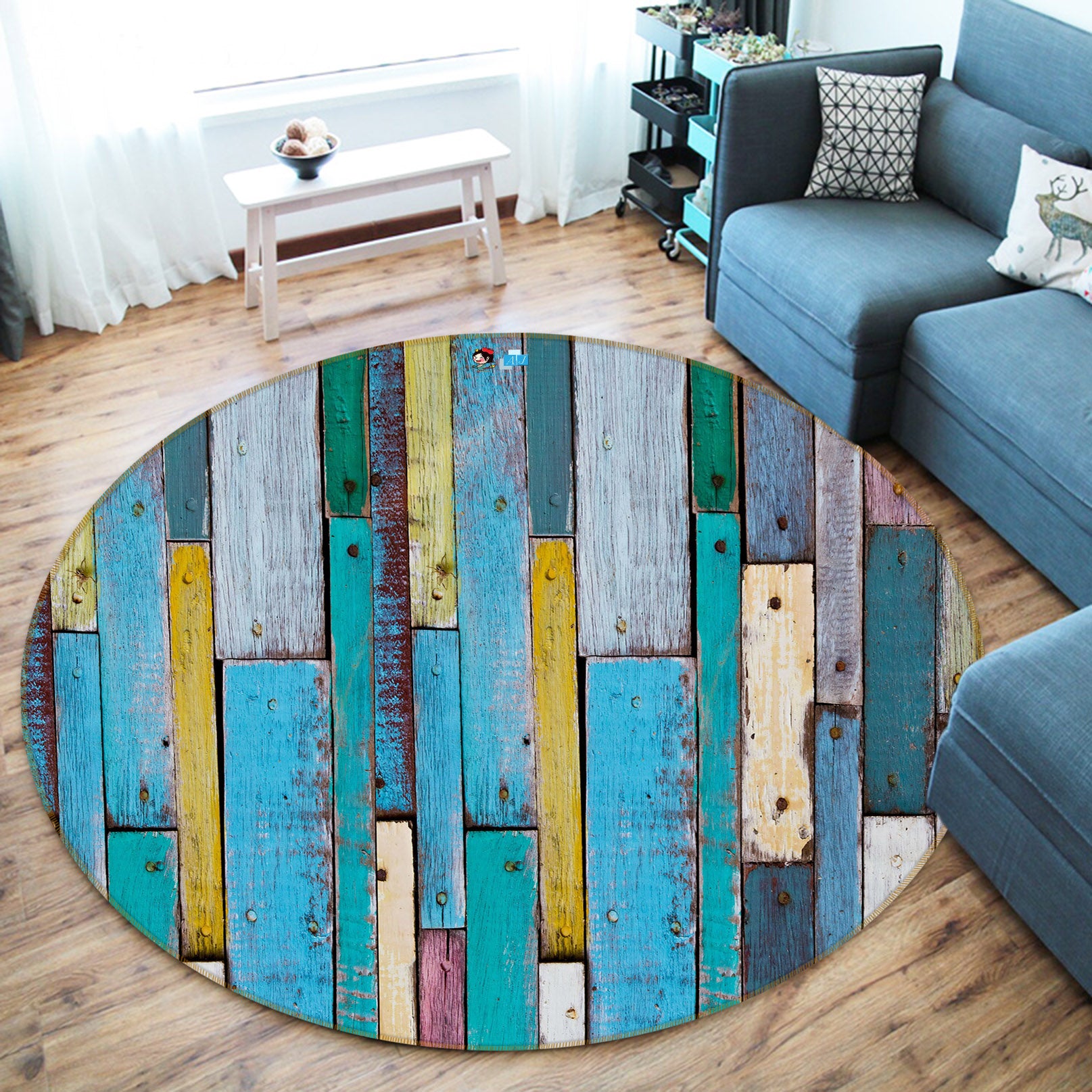 3D Colored Wood 73017 Round Non Slip Rug Mat