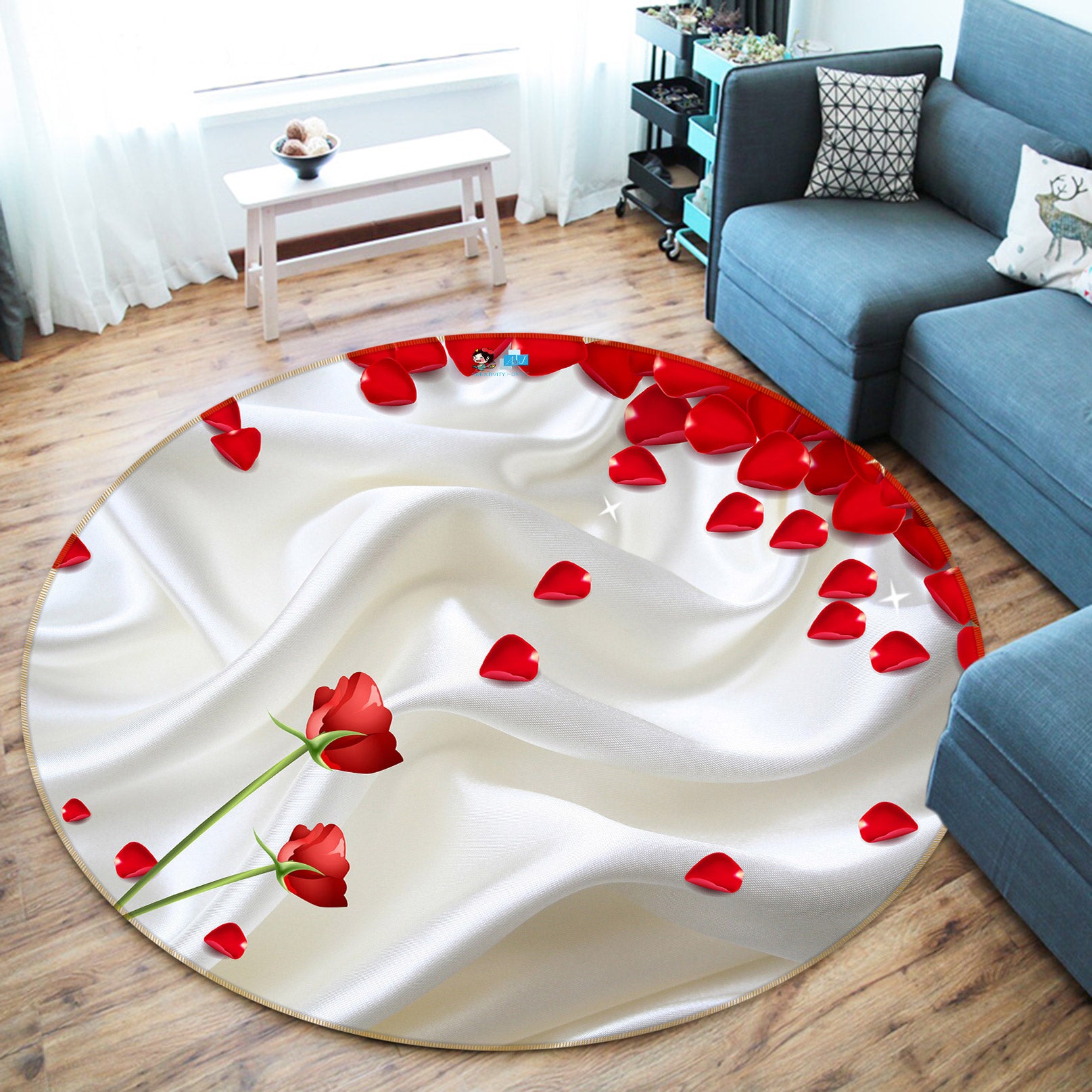 3D Petal Silk 80278 Round Non Slip Rug Mat