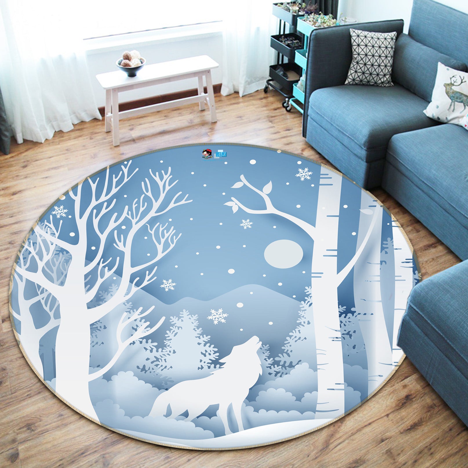 3D Snow White Wolf 74250 Round Non Slip Rug Mat