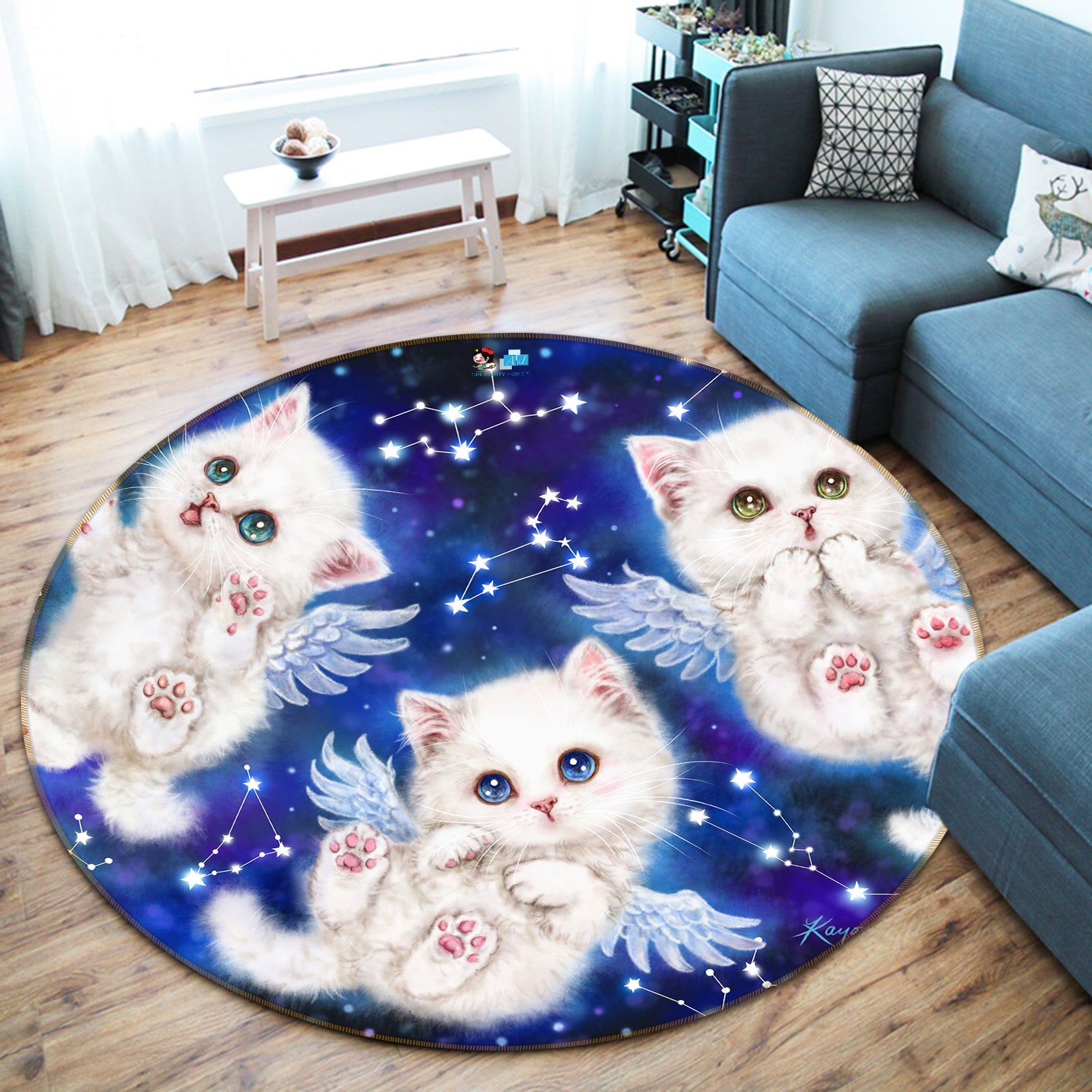 3D Angel Cat 6071 Kayomi Harai Rug Round Non Slip Rug Mat