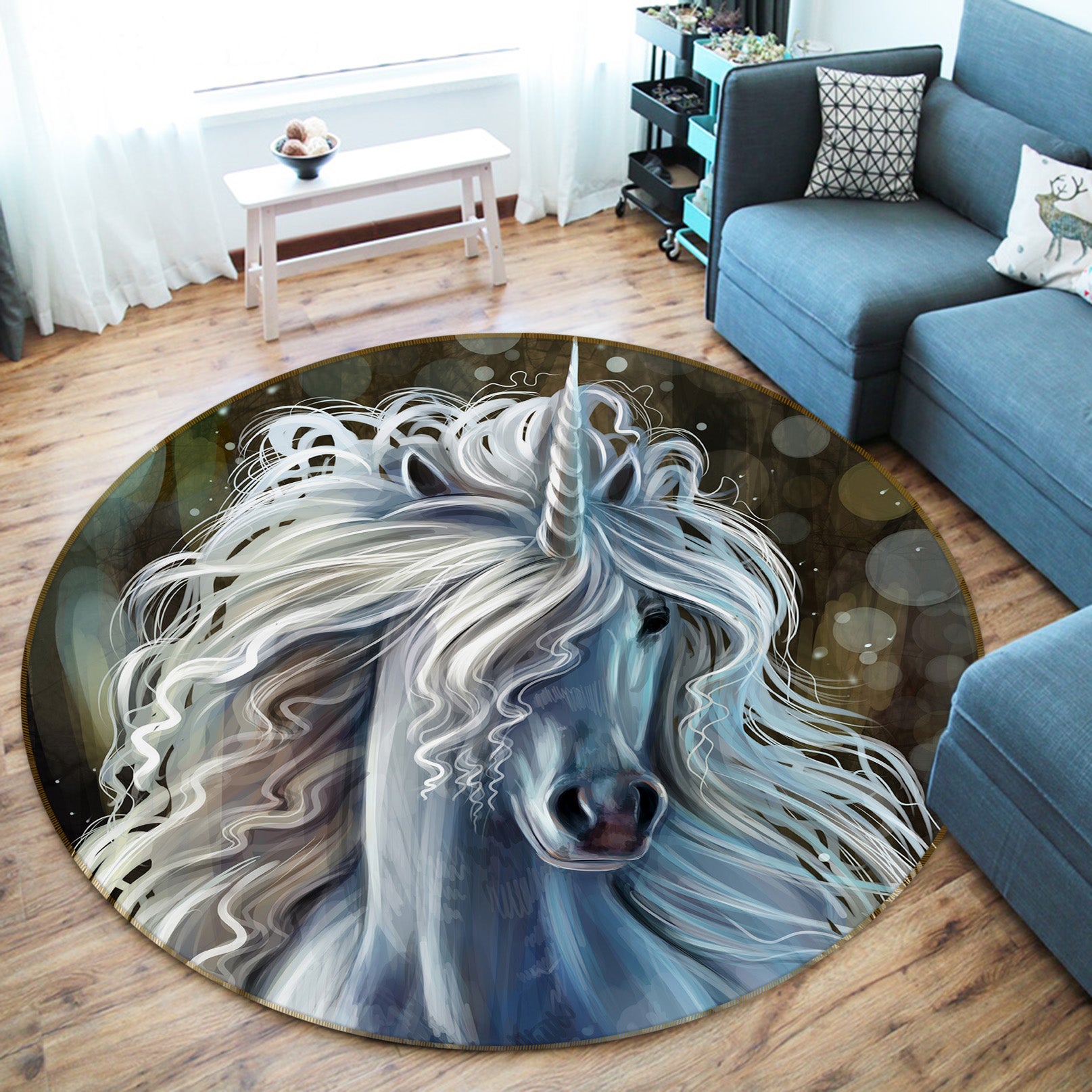 3D Horned White Horse 37160 Animal Round Non Slip Rug Mat