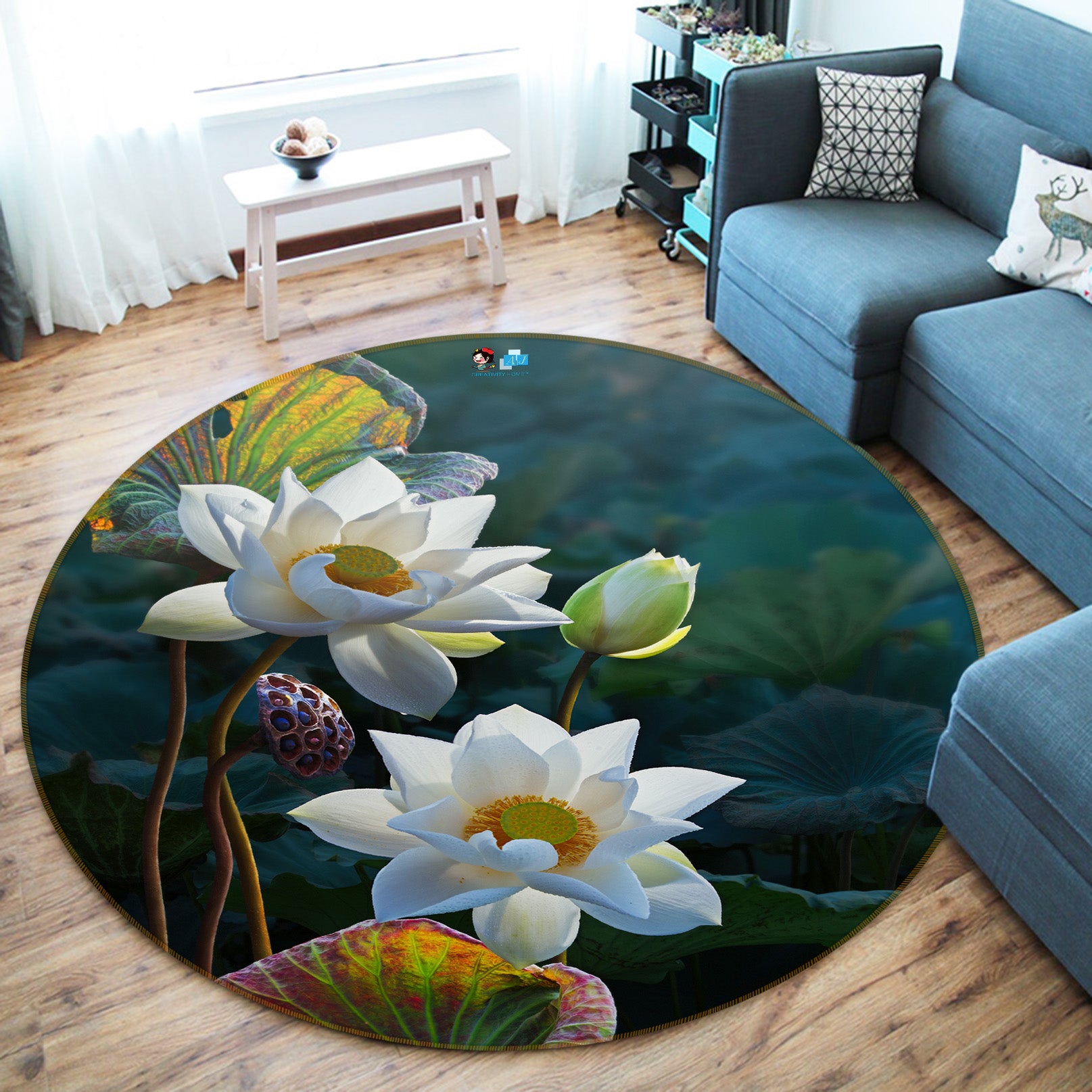 3D White Lotus Pond 71175 Round Non Slip Rug Mat