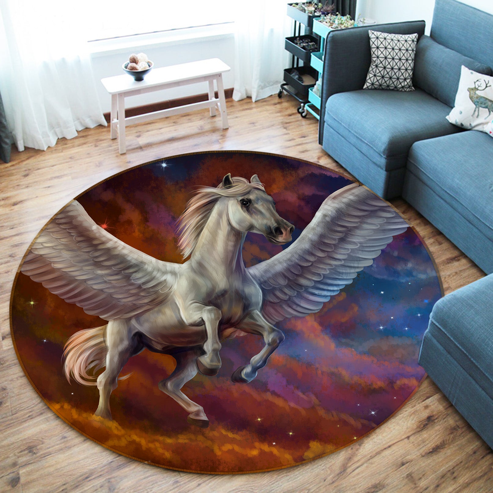 3D White Horse Wings 37164 Animal Round Non Slip Rug Mat