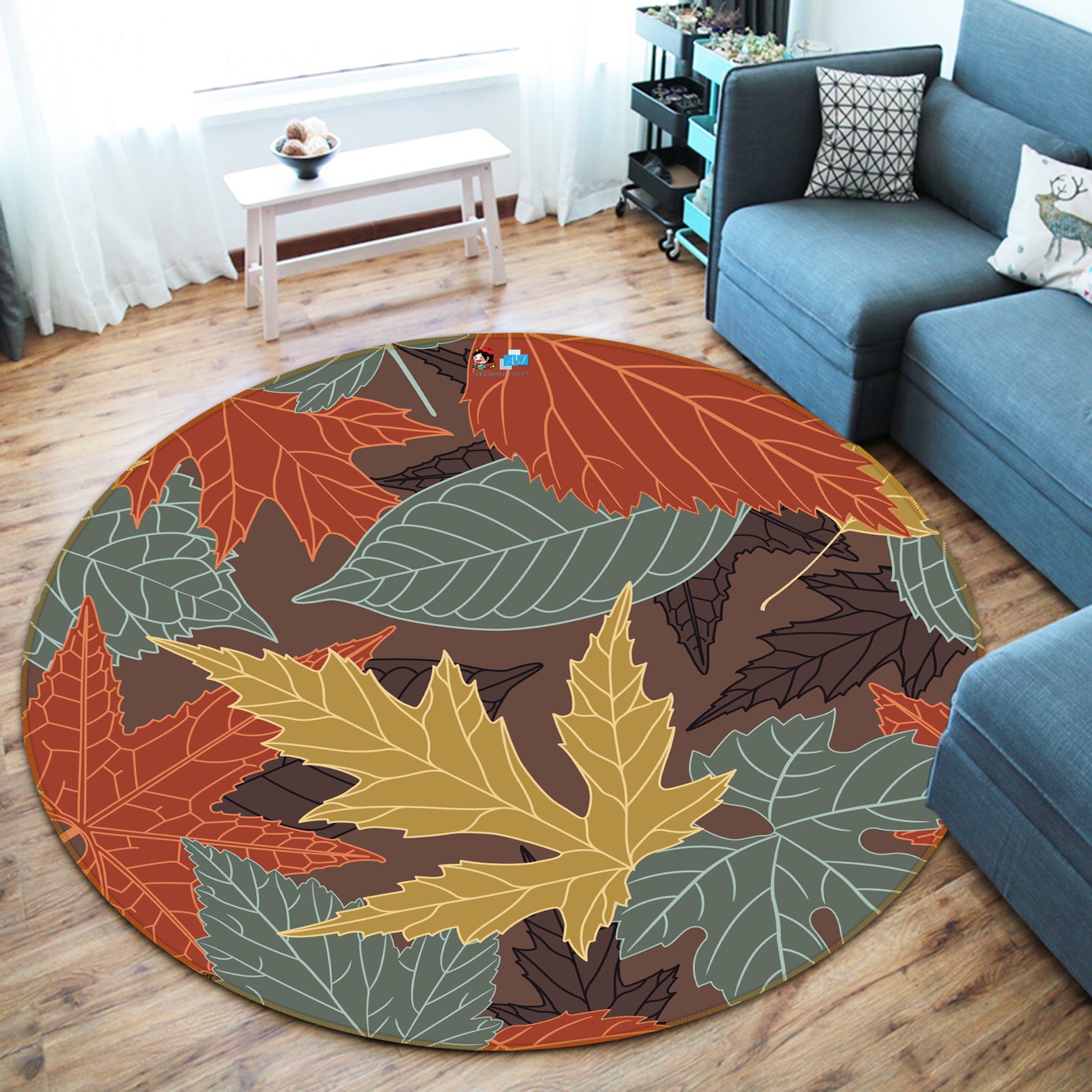 3D Color Maple Leaf 64124 Round Non Slip Rug Mat