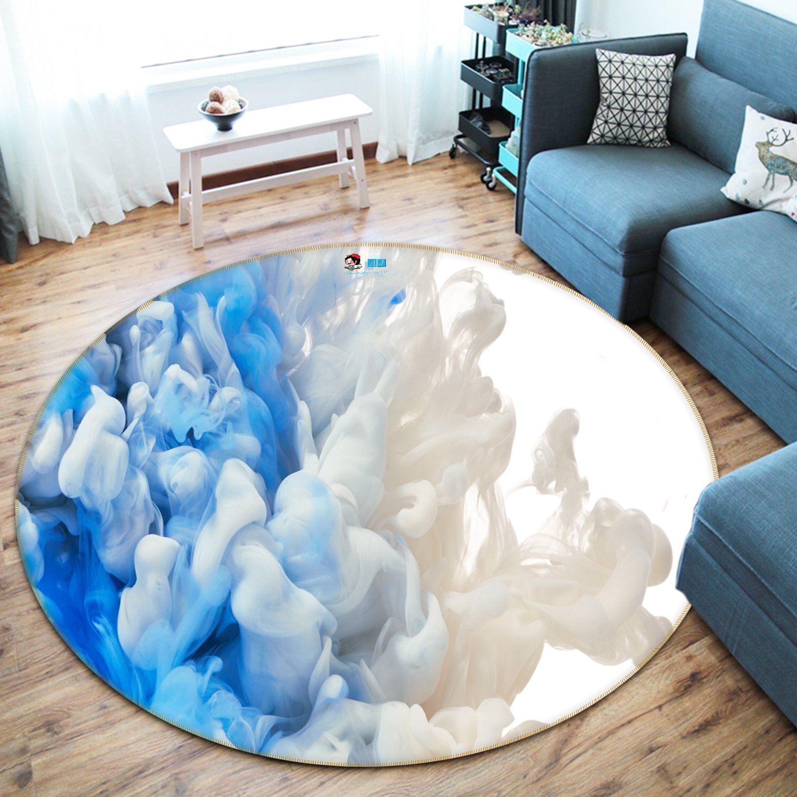 3D Blue And White Smoke 62 Round Non Slip Rug Mat Mat AJ Creativity Home