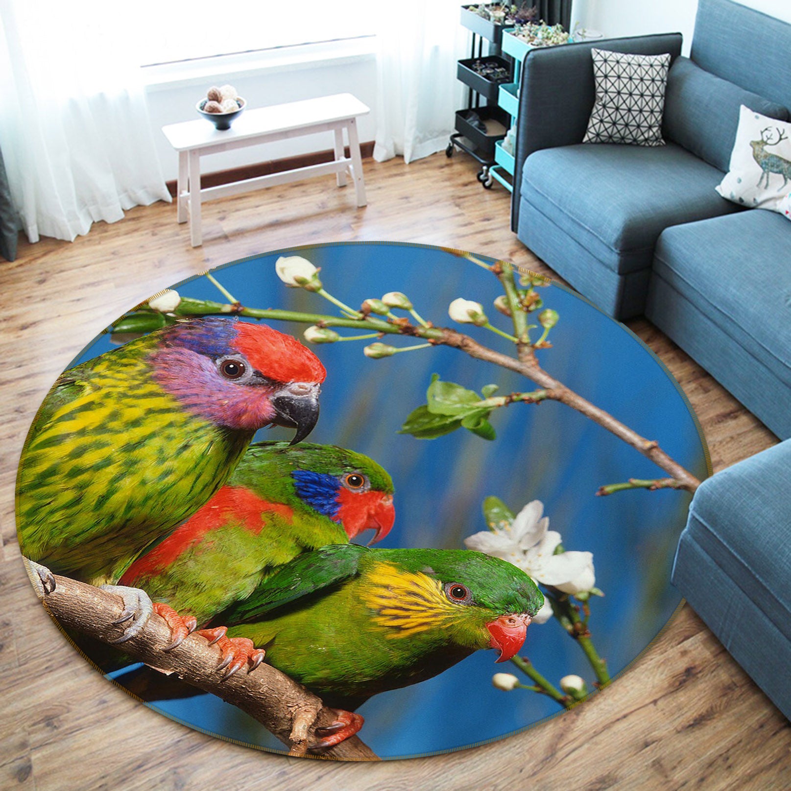 3D Flower Branch Bird 82029 Animal Round Non Slip Rug Mat