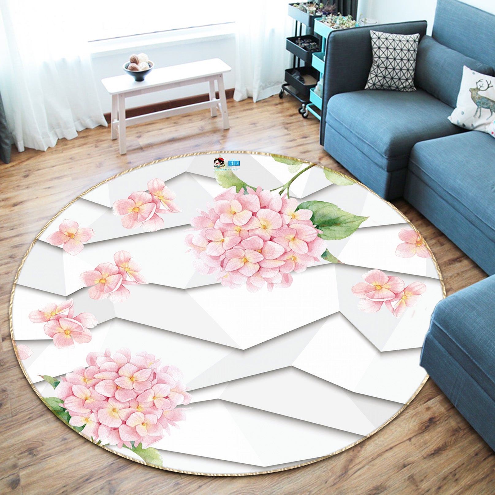 3D Pink Flower 66162 Round Non Slip Rug Mat