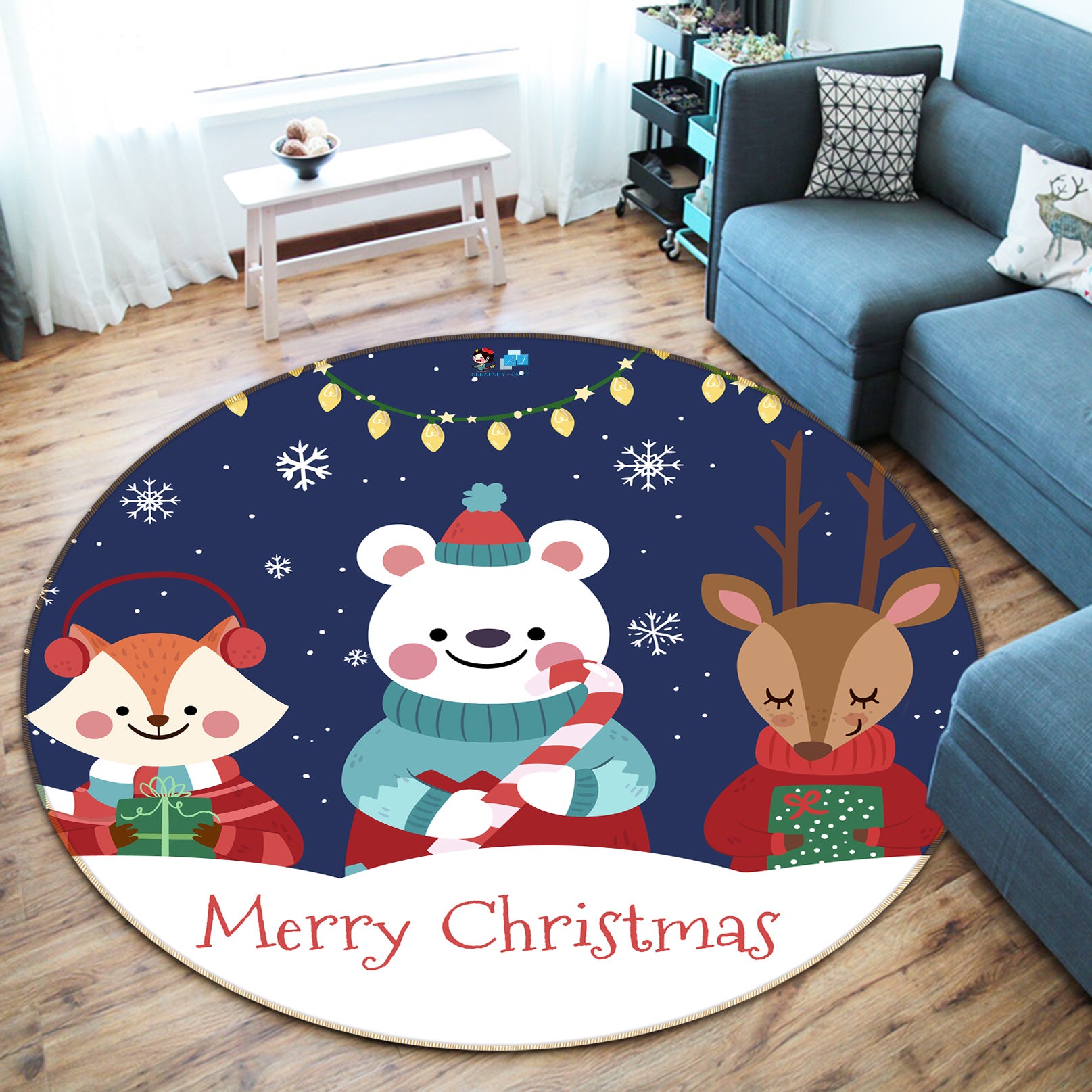 3D Cartoon Fox Deer 81086 Round Non Slip Rug Mat