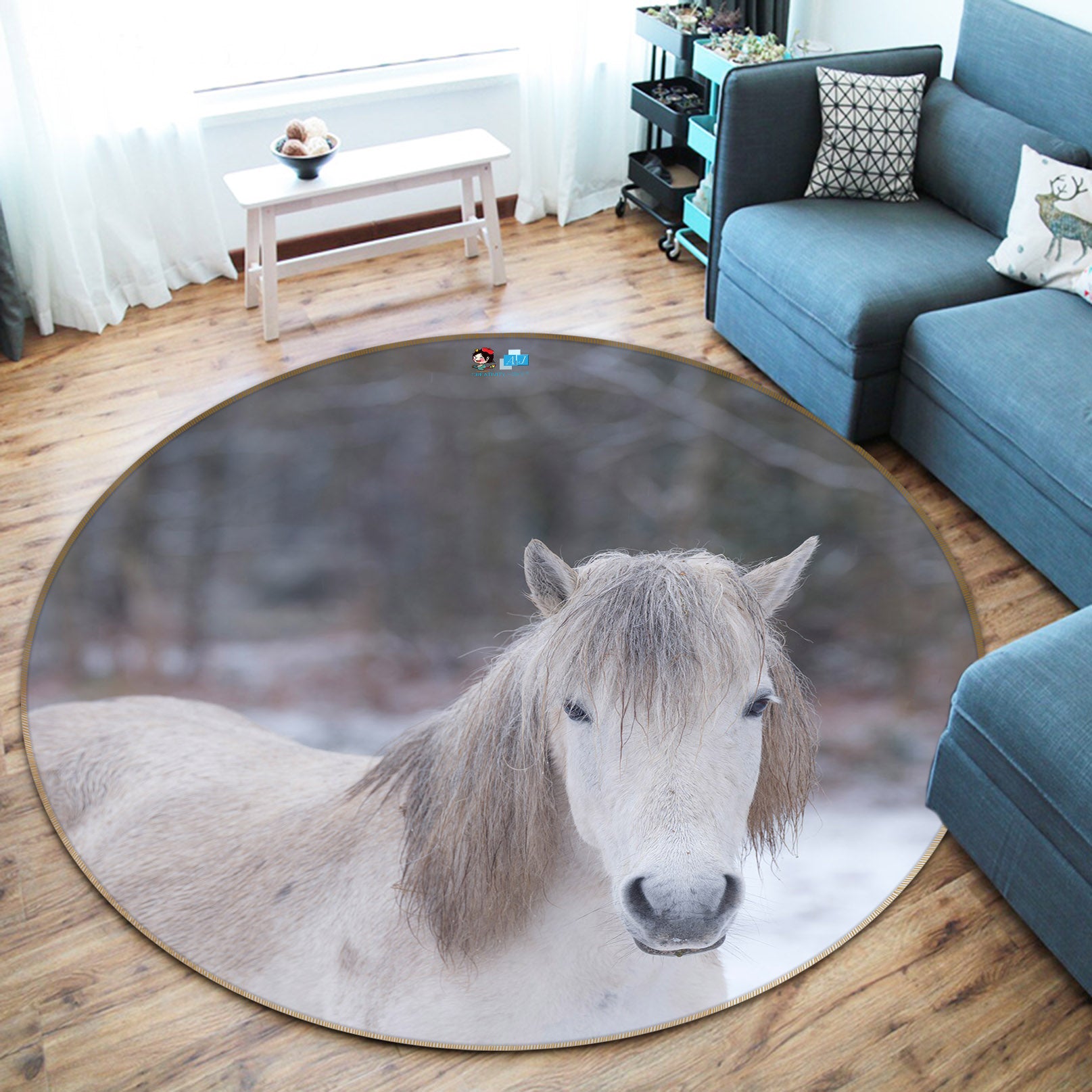 3D White Horse 7391 Assaf Frank Rug Round Non Slip Rug Mat