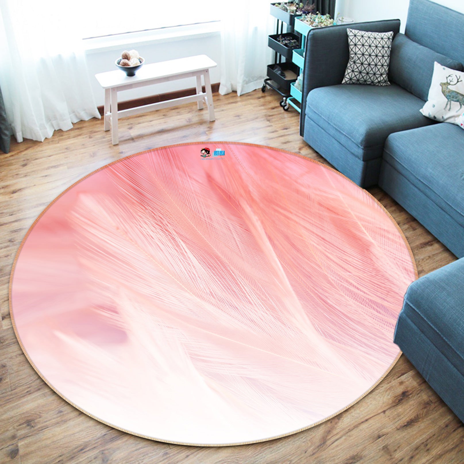 3D Pink Feather 81213 Round Non Slip Rug Mat
