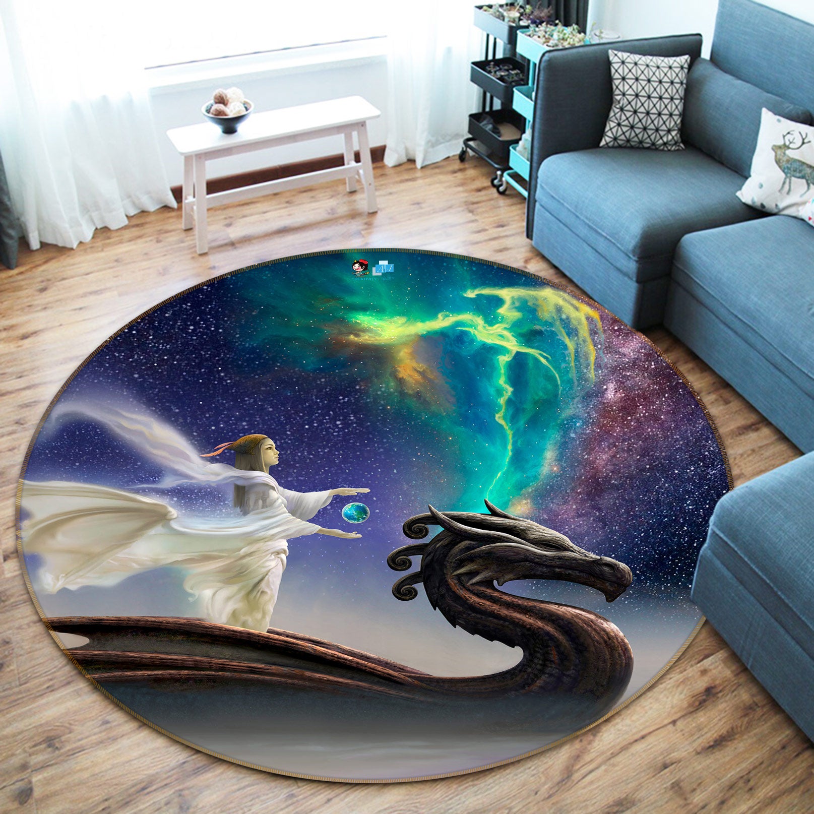 3D Starry Sky People Bead Dragon 6157 Ciruelo Rug Round Non Slip Rug Mat