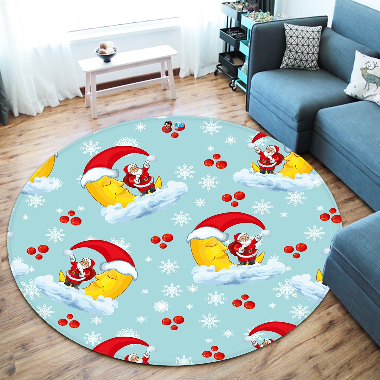 3D Moon Santa 66027 Christmas Round Non Slip Rug Mat Xmas