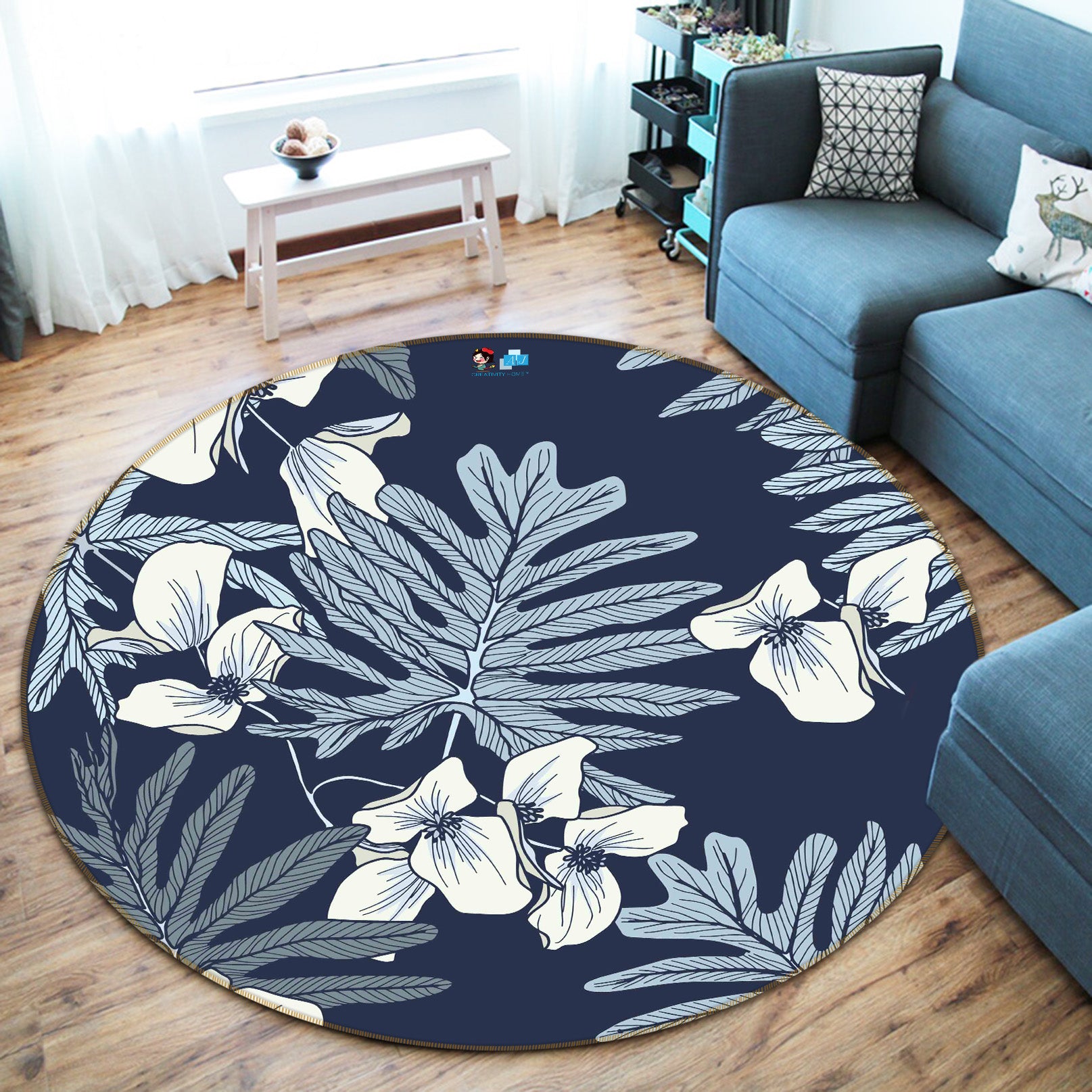 3D Leaves Flowers 64158 Round Non Slip Rug Mat