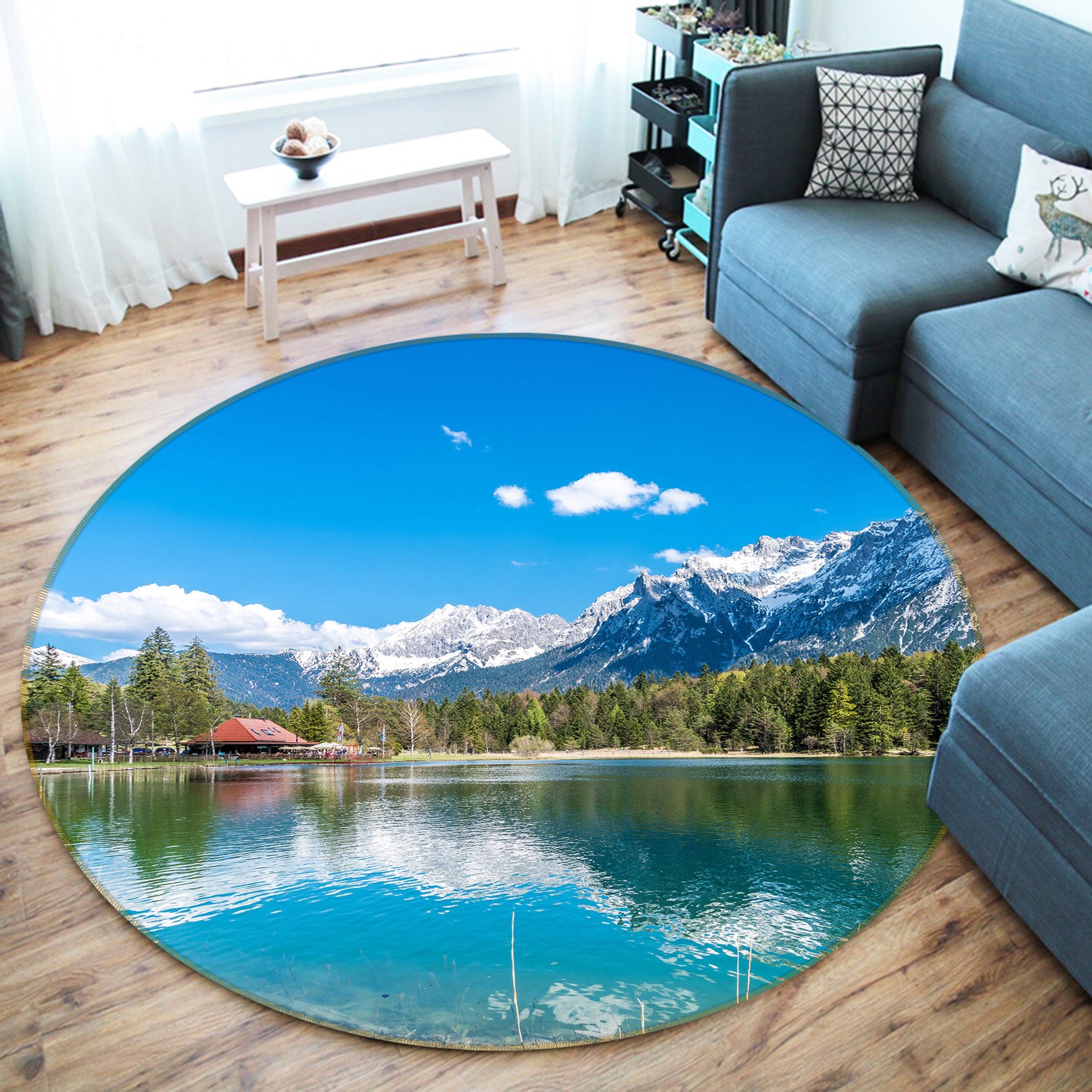3D Snow Mountain Lake 71190 Round Non Slip Rug Mat