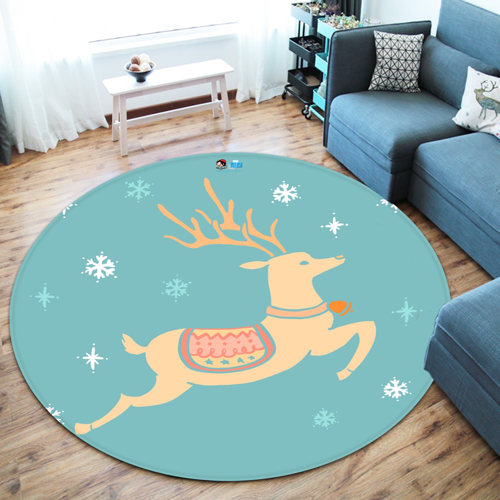 3D Deer Jumping 65239 Christmas Round Non Slip Rug Mat Xmas