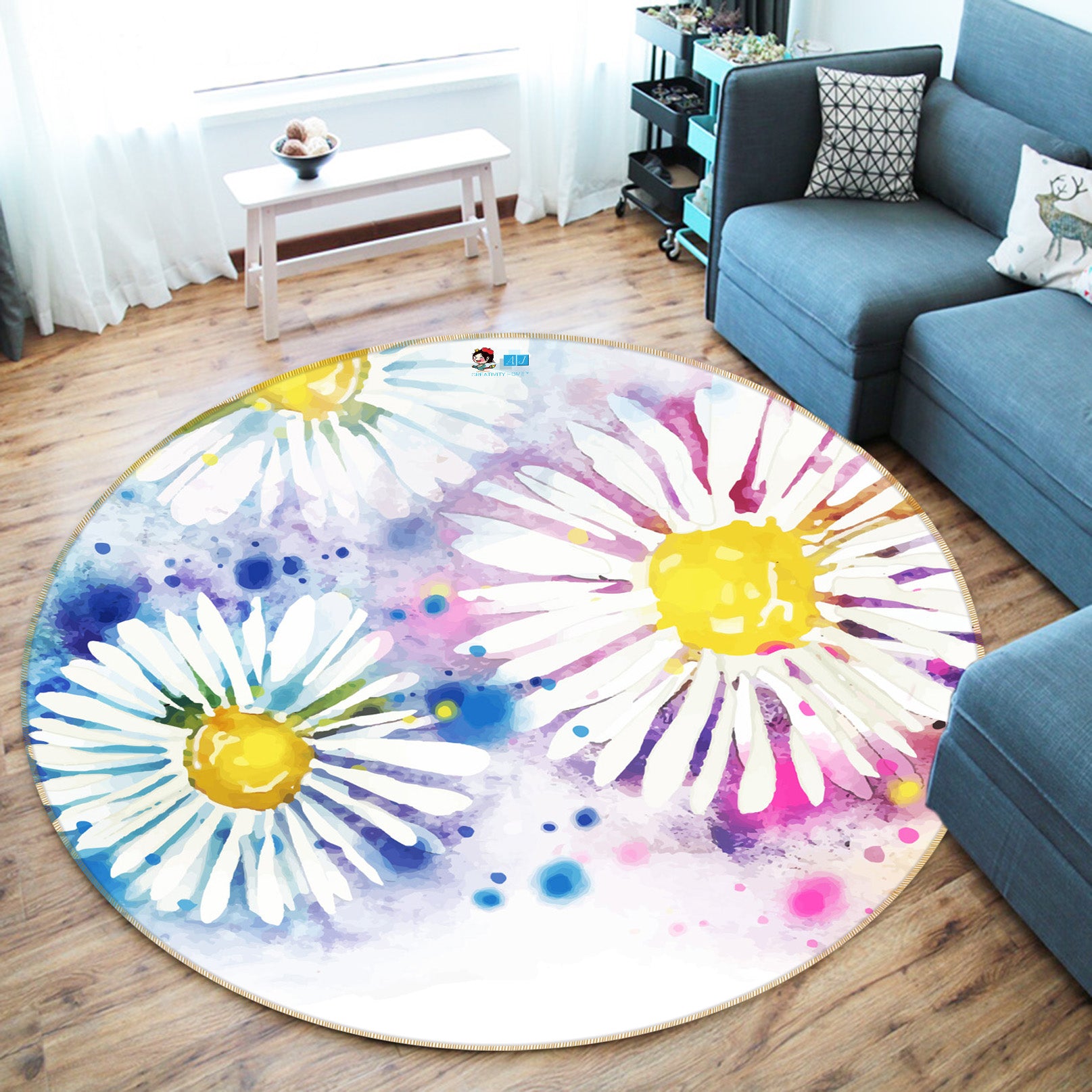 3D Chrysanthemum 71270 Round Non Slip Rug Mat