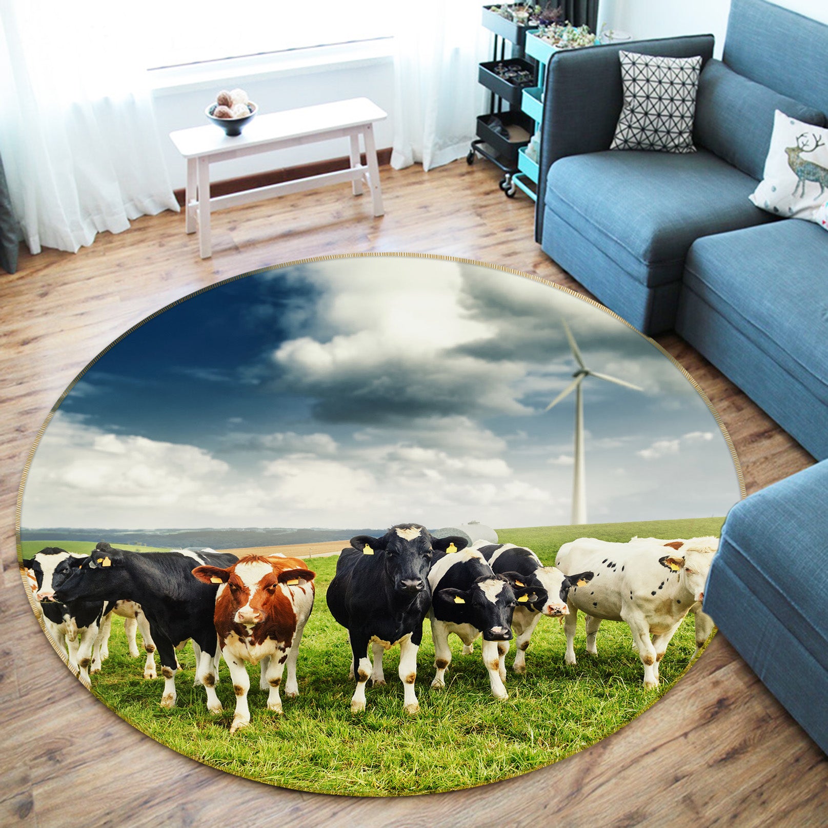 3D Cow Herd Grass 37174 Animal Round Non Slip Rug Mat