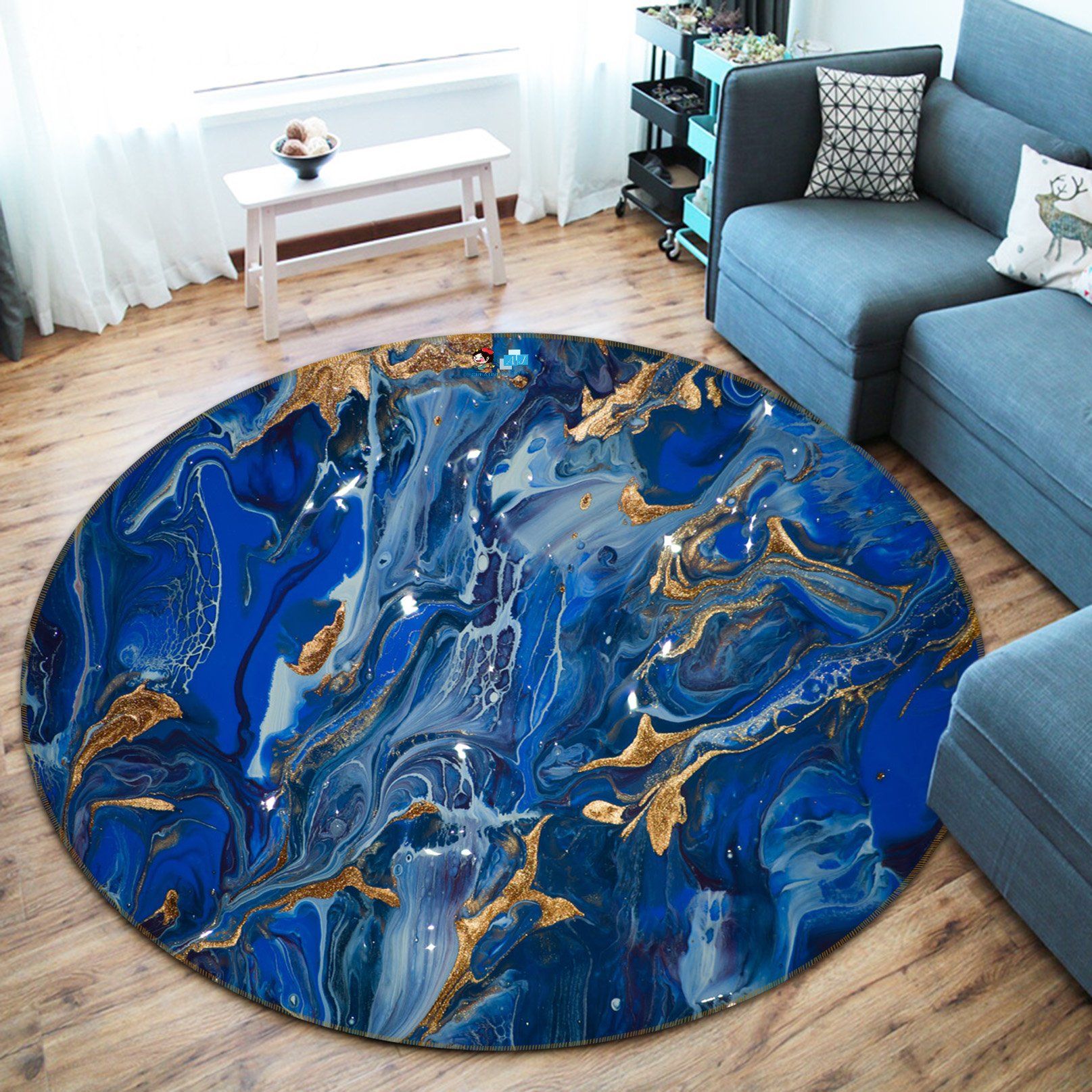 3D Blue Flowing Sand 140 Round Non Slip Rug Mat Mat AJ Creativity Home