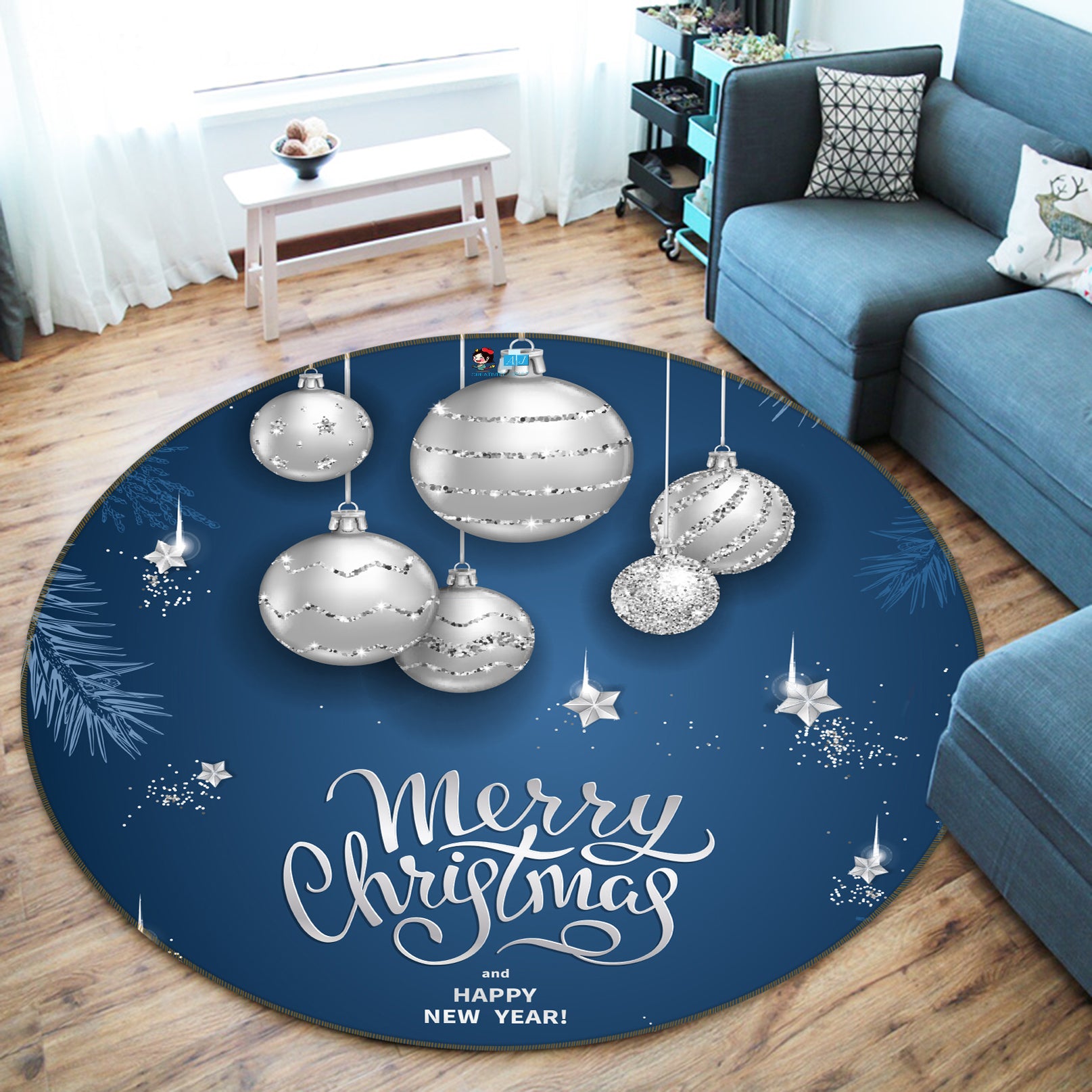 3D White Ball 54072 Christmas Round Non Slip Rug Mat Xmas
