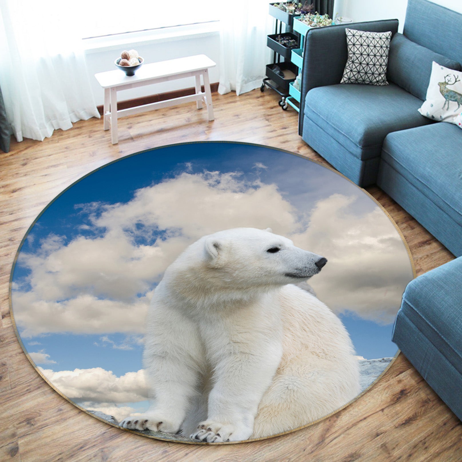 3D Polar Bear Sky 37231 Animal Round Non Slip Rug Mat