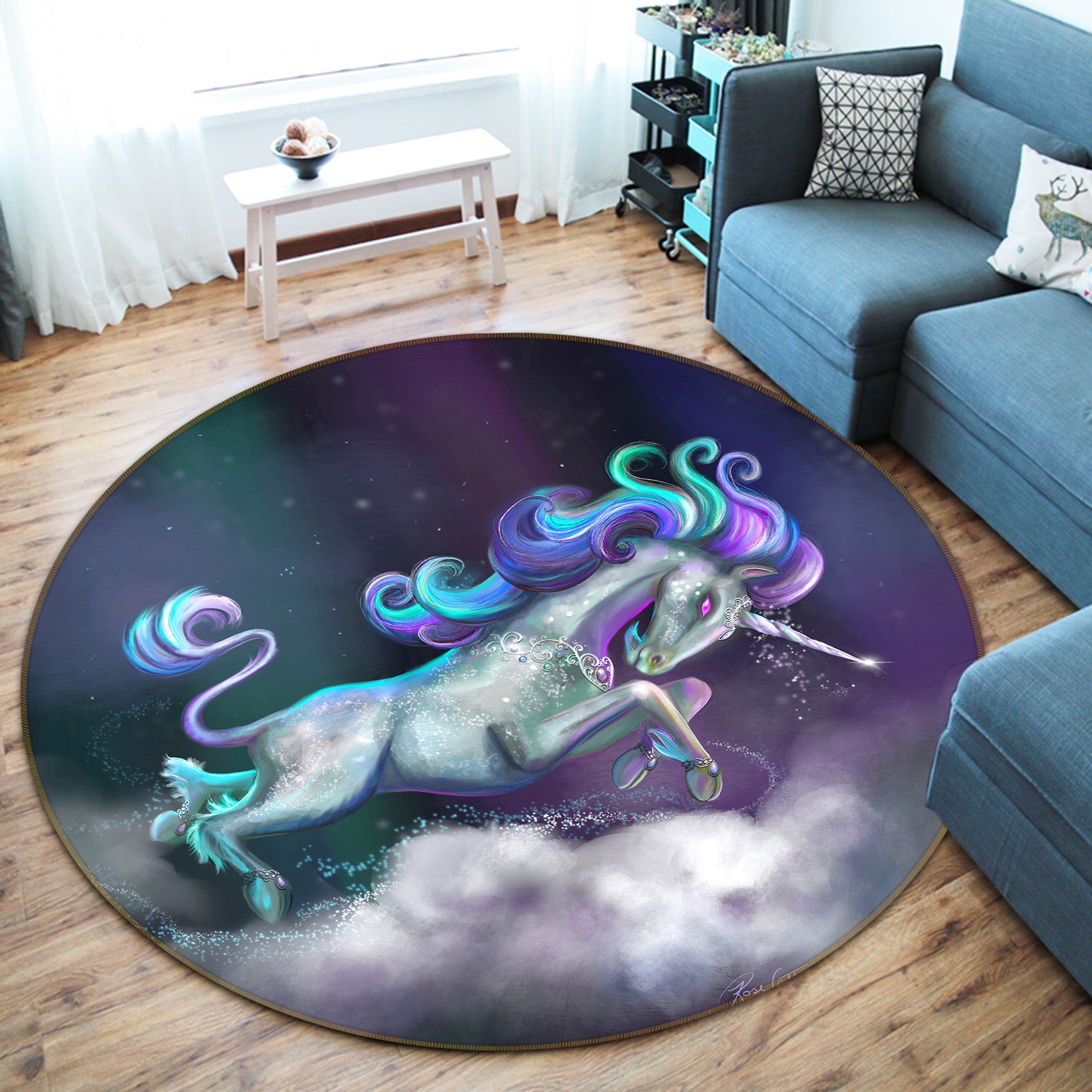3D Unicorn Clouds 83163 Rose Catherine Khan Rug Round Non Slip Rug Mat