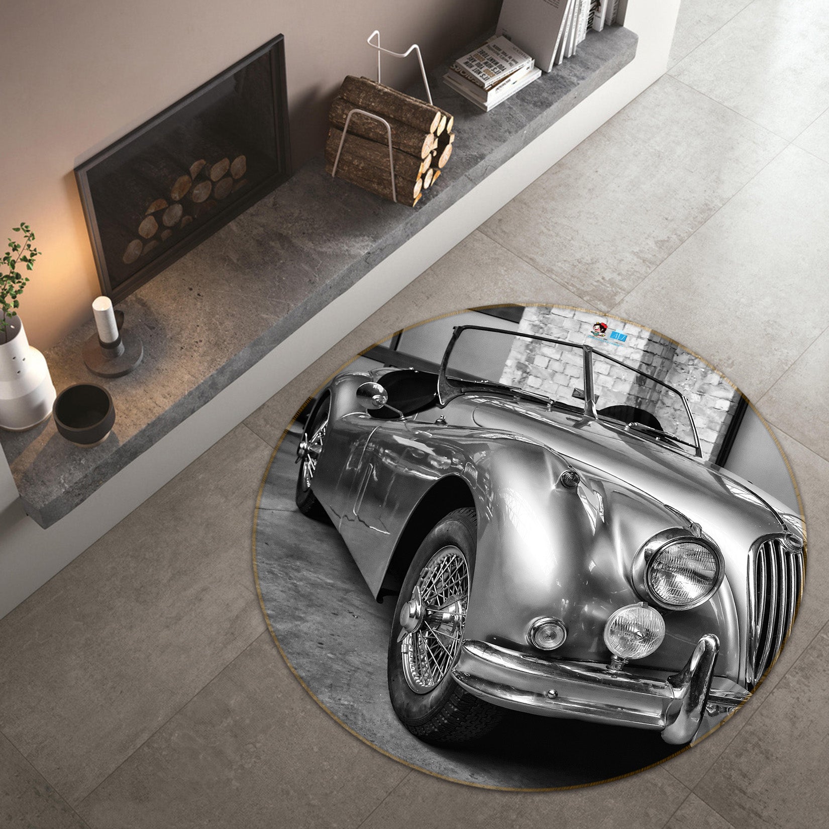 3D Black White Car 74141 Round Non Slip Rug Mat