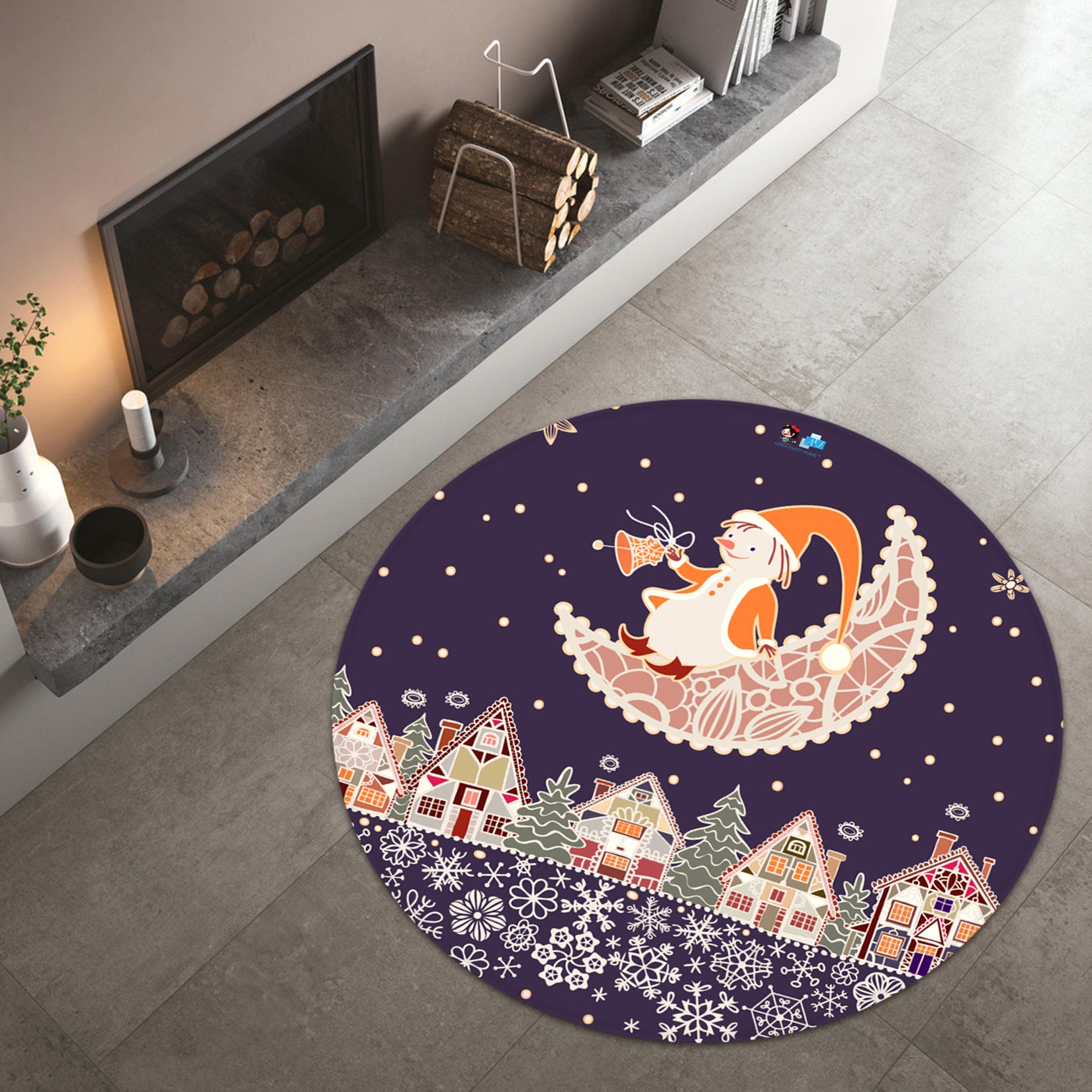 3D Santa Moon Houses Snowflakes 66021 Christmas Round Non Slip Rug Mat Xmas
