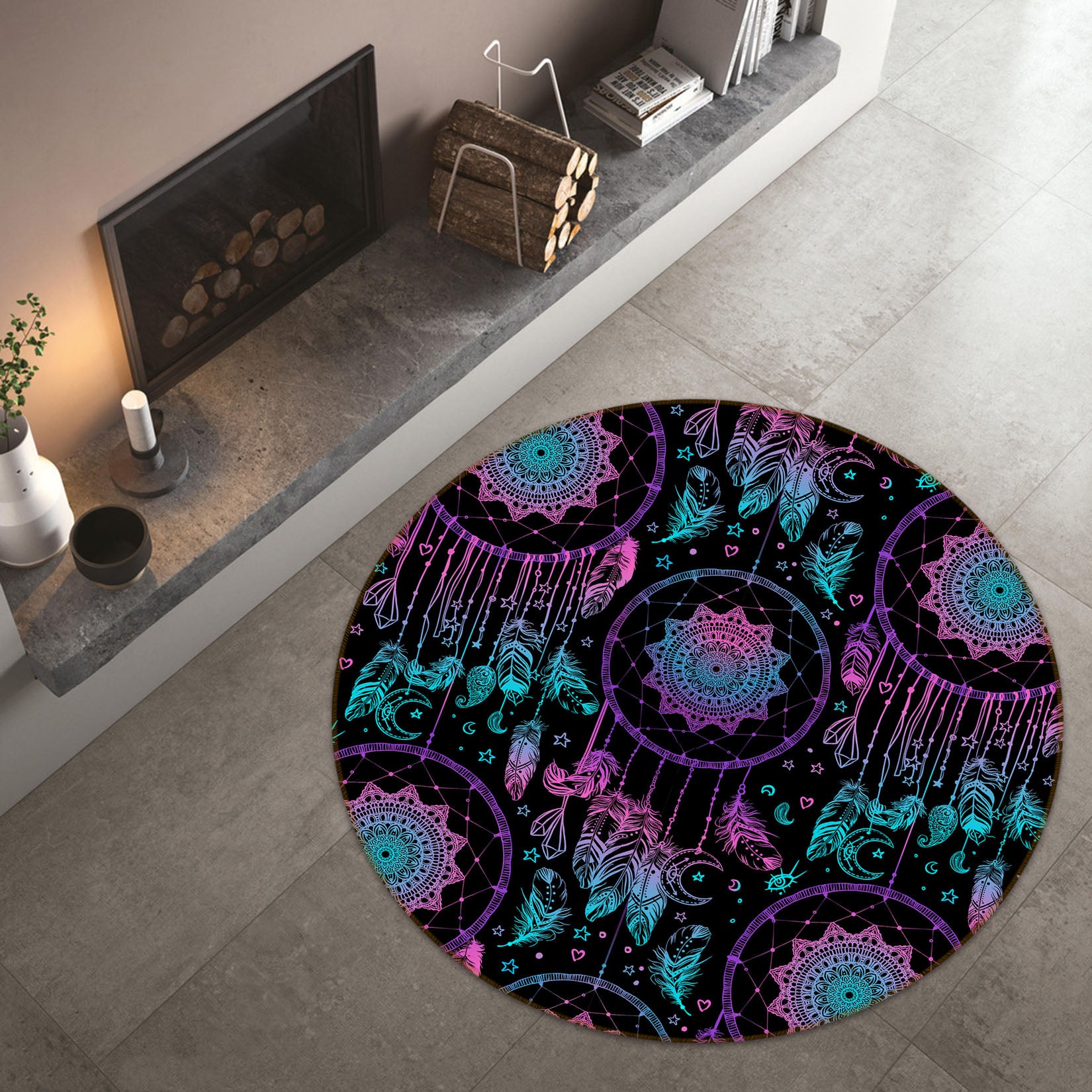 3D Pink Blue Dream Catcher 29063 Round Non Slip Rug Mat