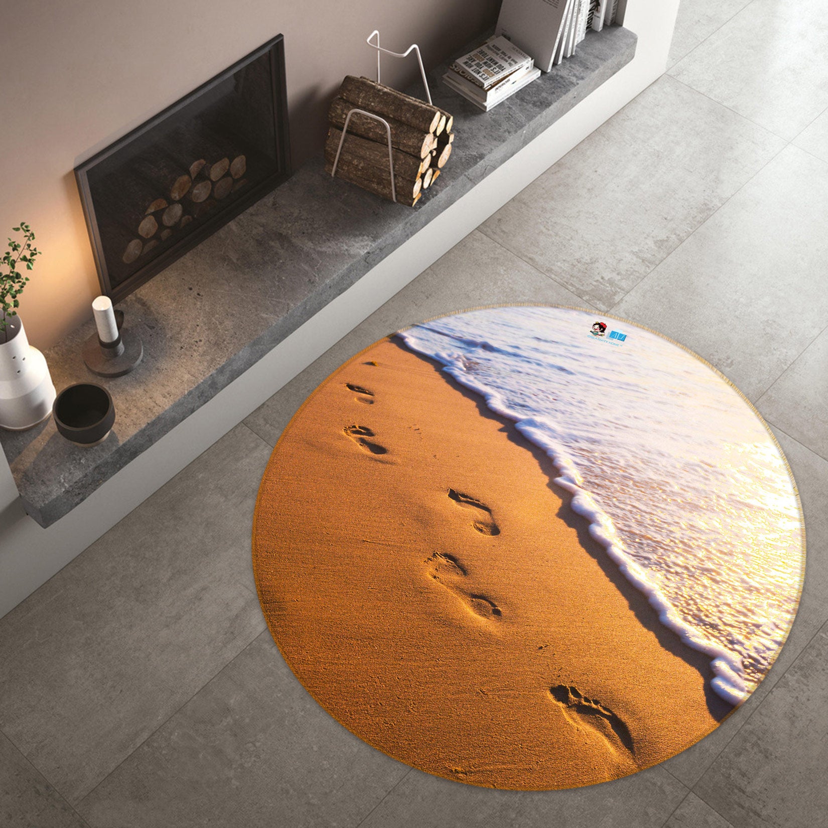 3D Beach Footprints 72160 Round Non Slip Rug Mat