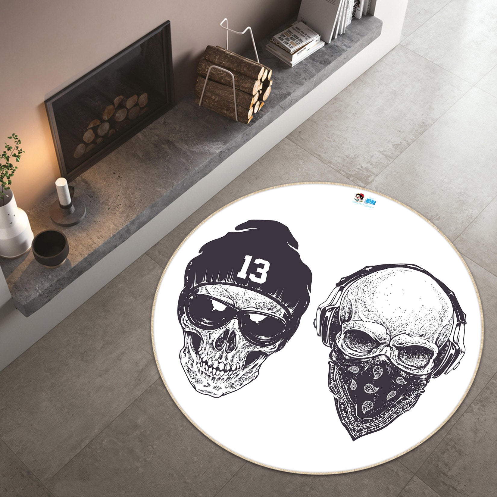 3D Skull 72107 Round Non Slip Rug Mat