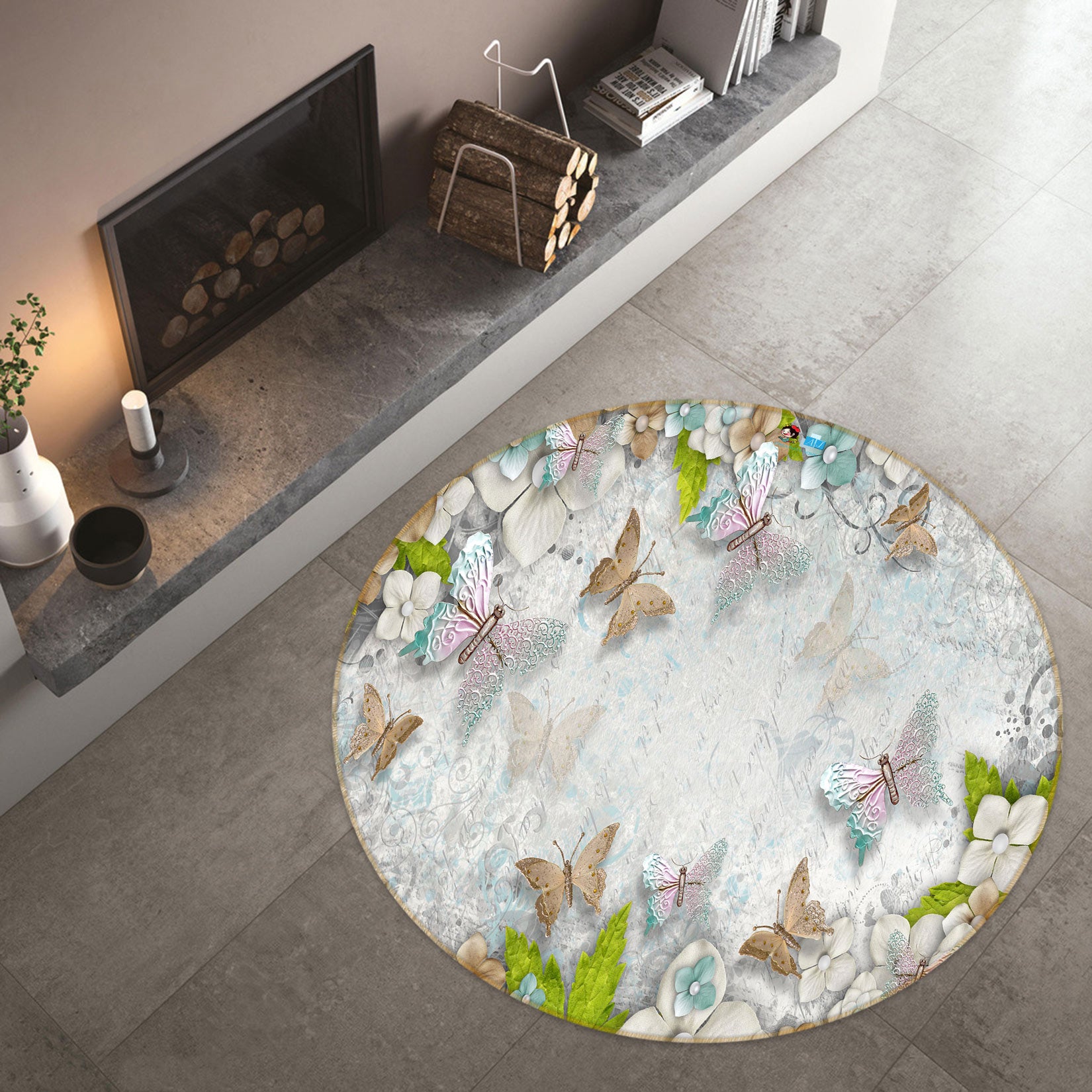 3D Butterfly Flower 80198 Round Non Slip Rug Mat