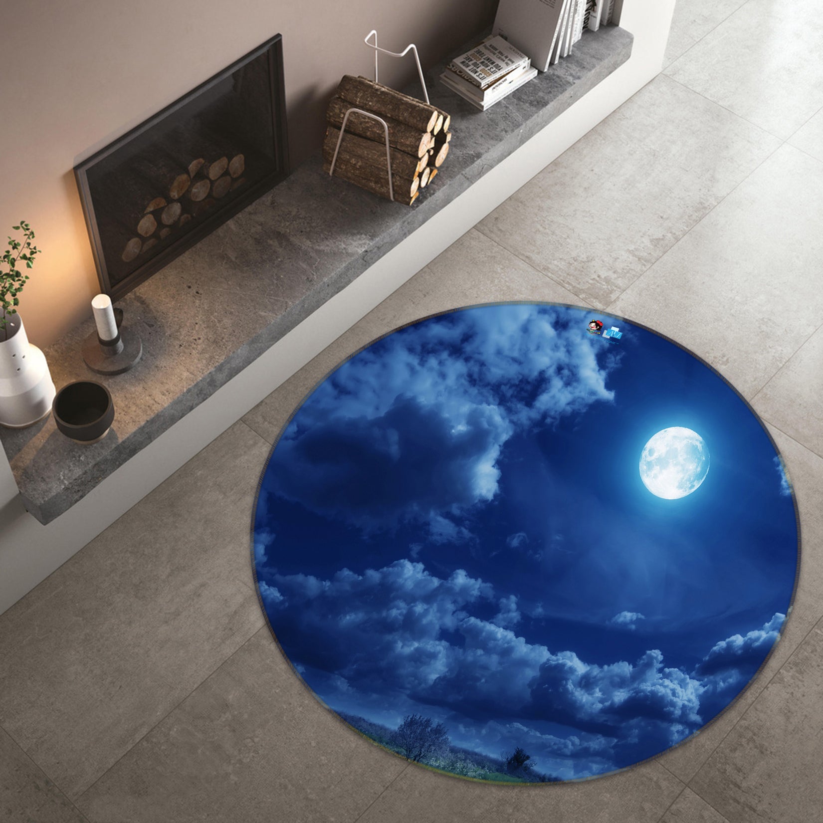 3D Cloud Moon 73002 Round Non Slip Rug Mat