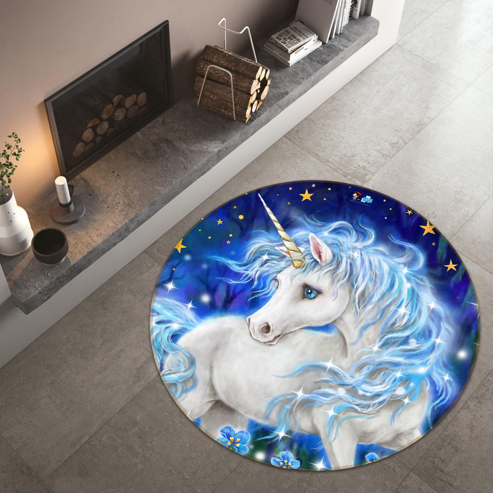 3D Unicorn Moon Stars 6012 Kayomi Harai Rug Round Non Slip Rug Mat