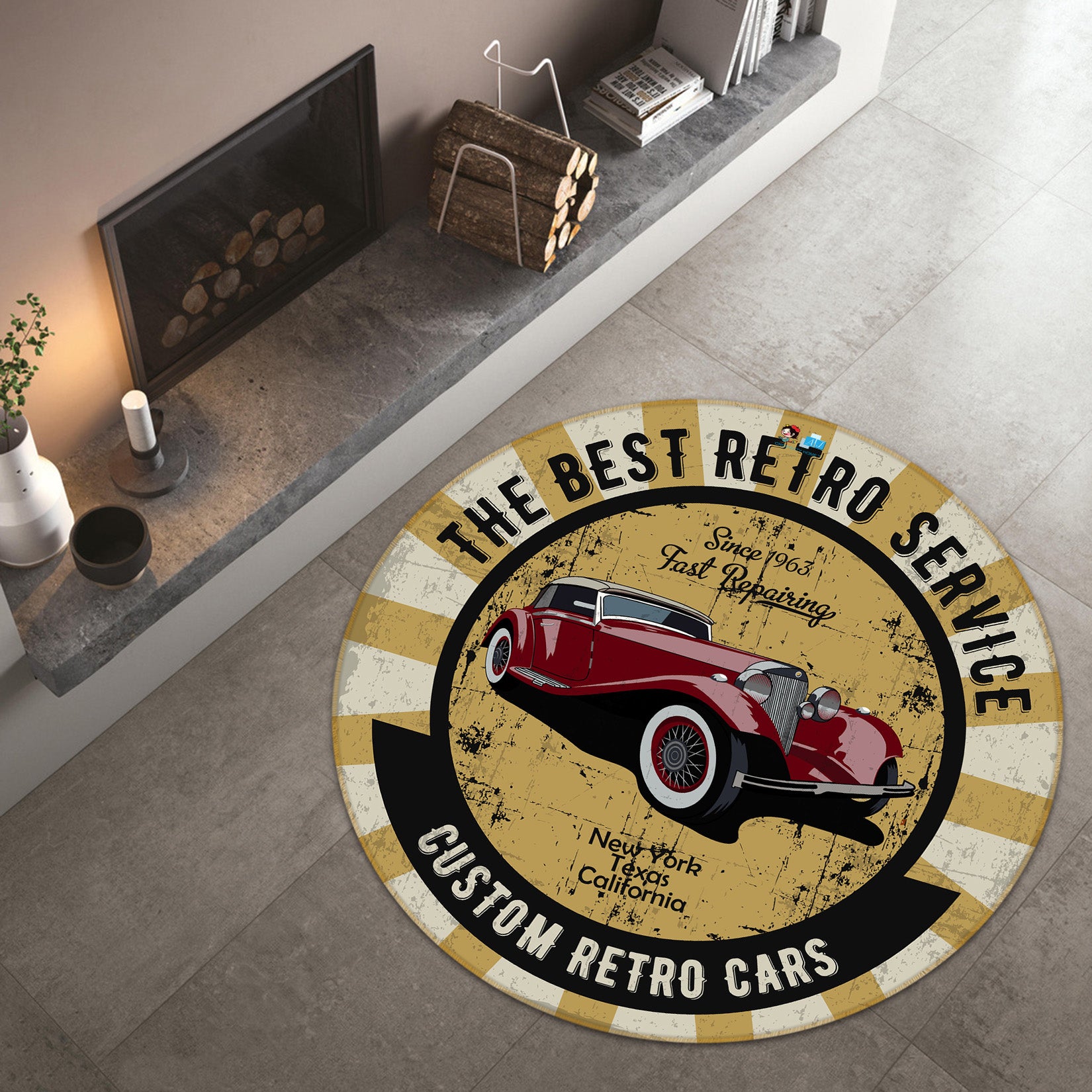 3D Retro Car 74265 Round Non Slip Rug Mat